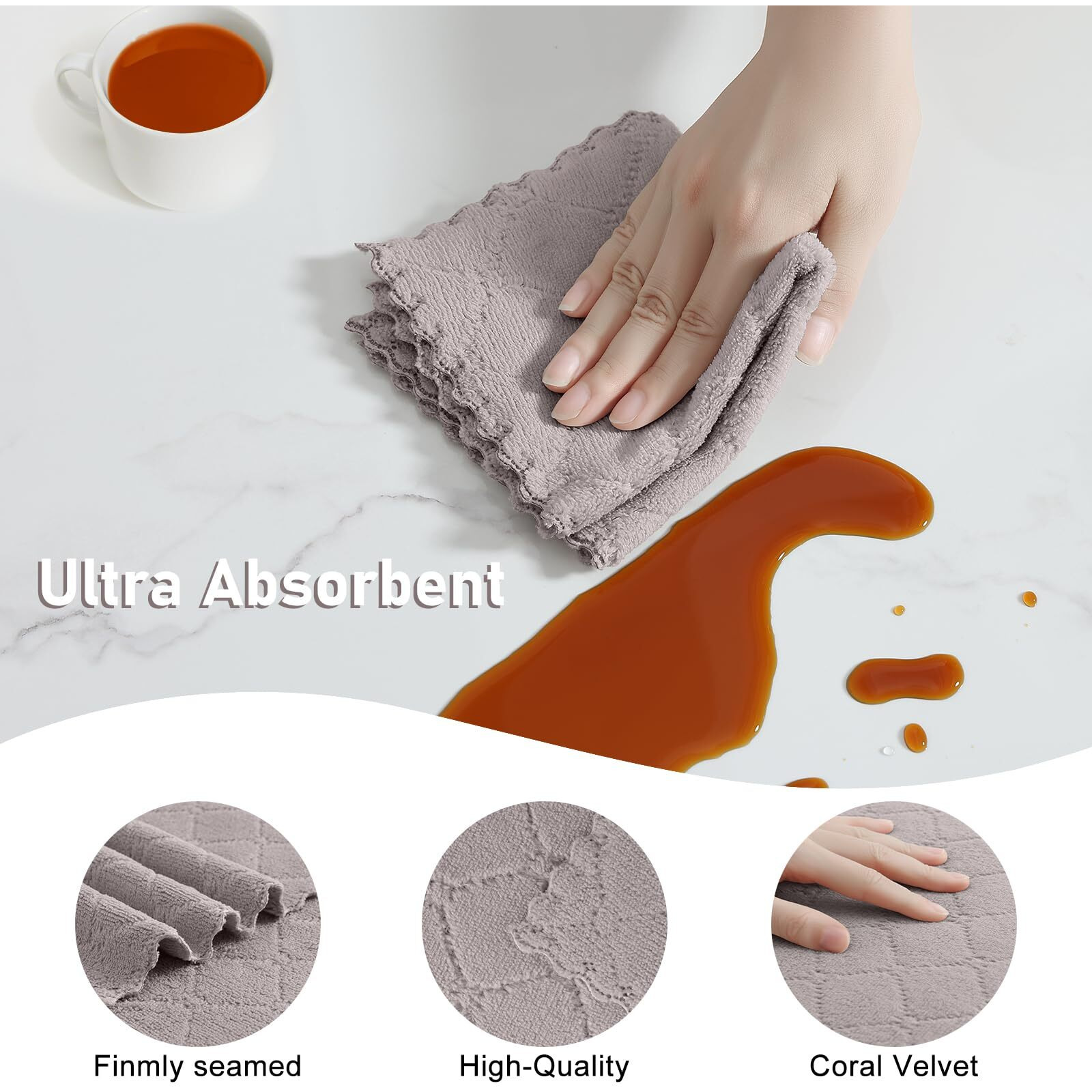 Homaxy Kitchen Towels And Dishcloths Set, 10 X 10 And 13 X 19 Inches, Set Of 12 Super Soft And Absorbent Coral Velvet Kitchen Towels, No Lint And Nonstick Oil Fast Drying Dish Towel, Grey