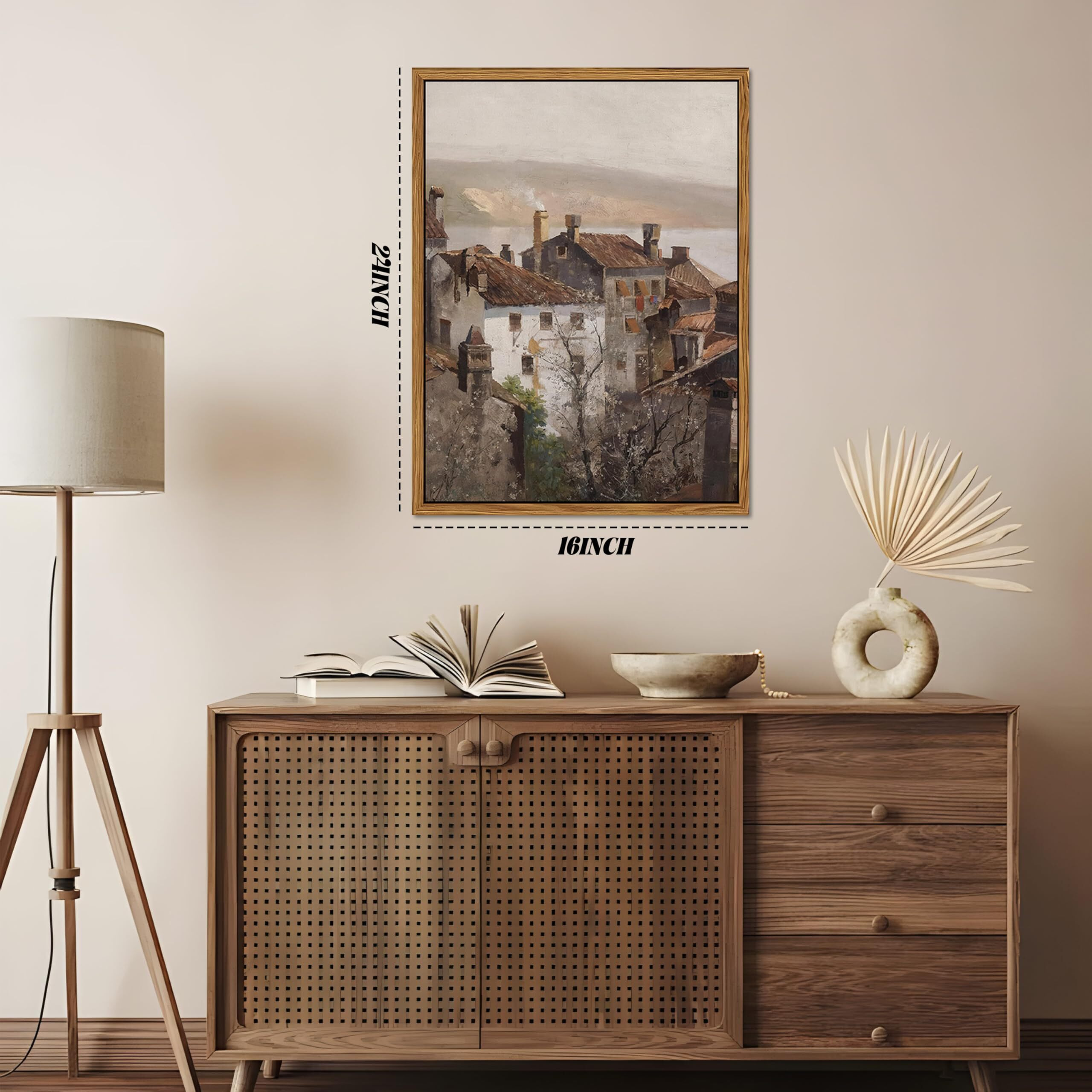 Floating Framed Vintage Canvas Wall Art, European Country Towns Wall Decor Oil Paintings Artwork, Rustic Farmhouse Posters Prints Pictures For Living Room Hallway Bedroom 16X24 Inch