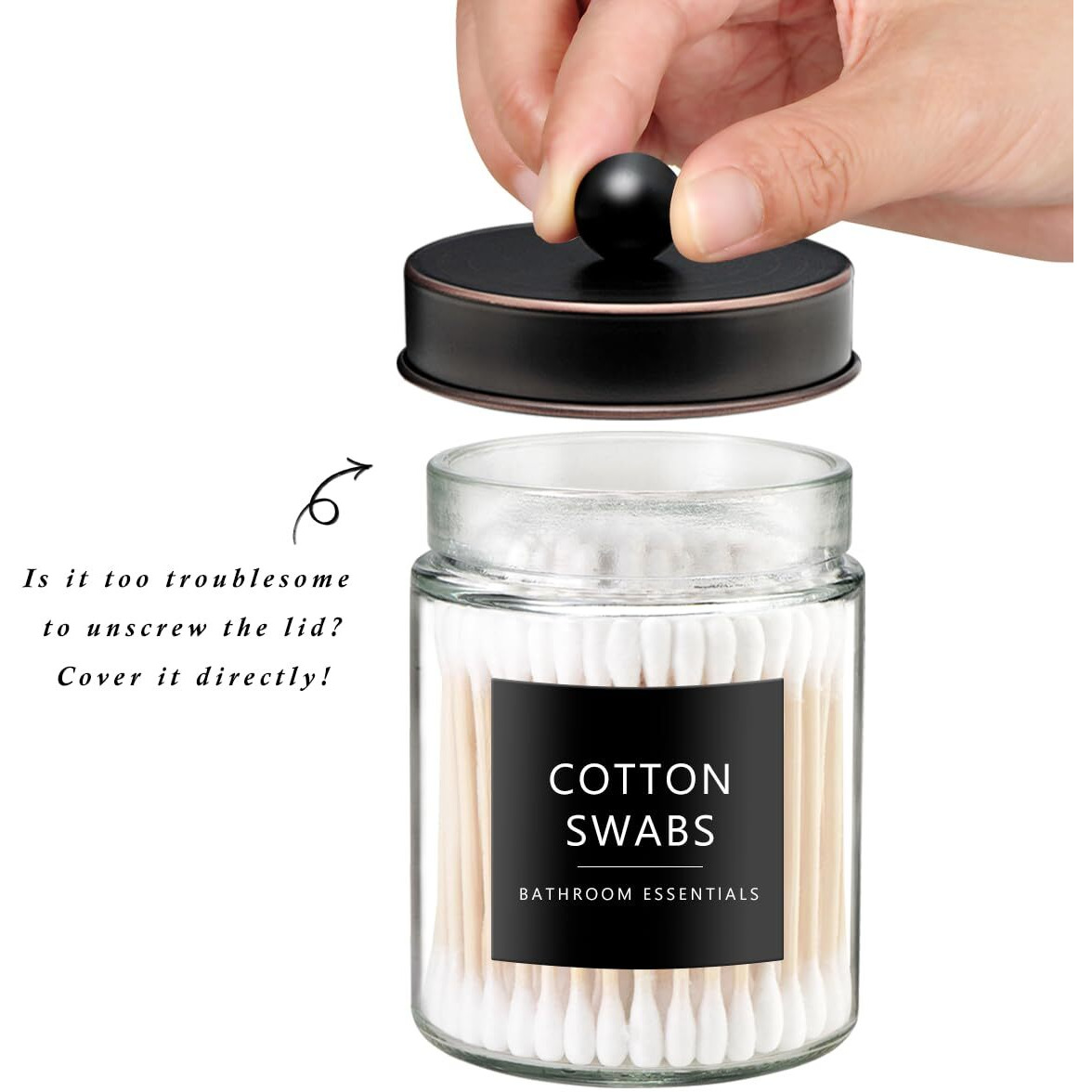 Sheechung Qtip Dispenser Holder 4Pcs, Glass Apothecary Jars With Stainless Steel Lids &Stickers, Countertop Canister Bathroom Storage Organizer Set For Cotton Swabs, Floss Picks(Oil Rubbed Bronze)