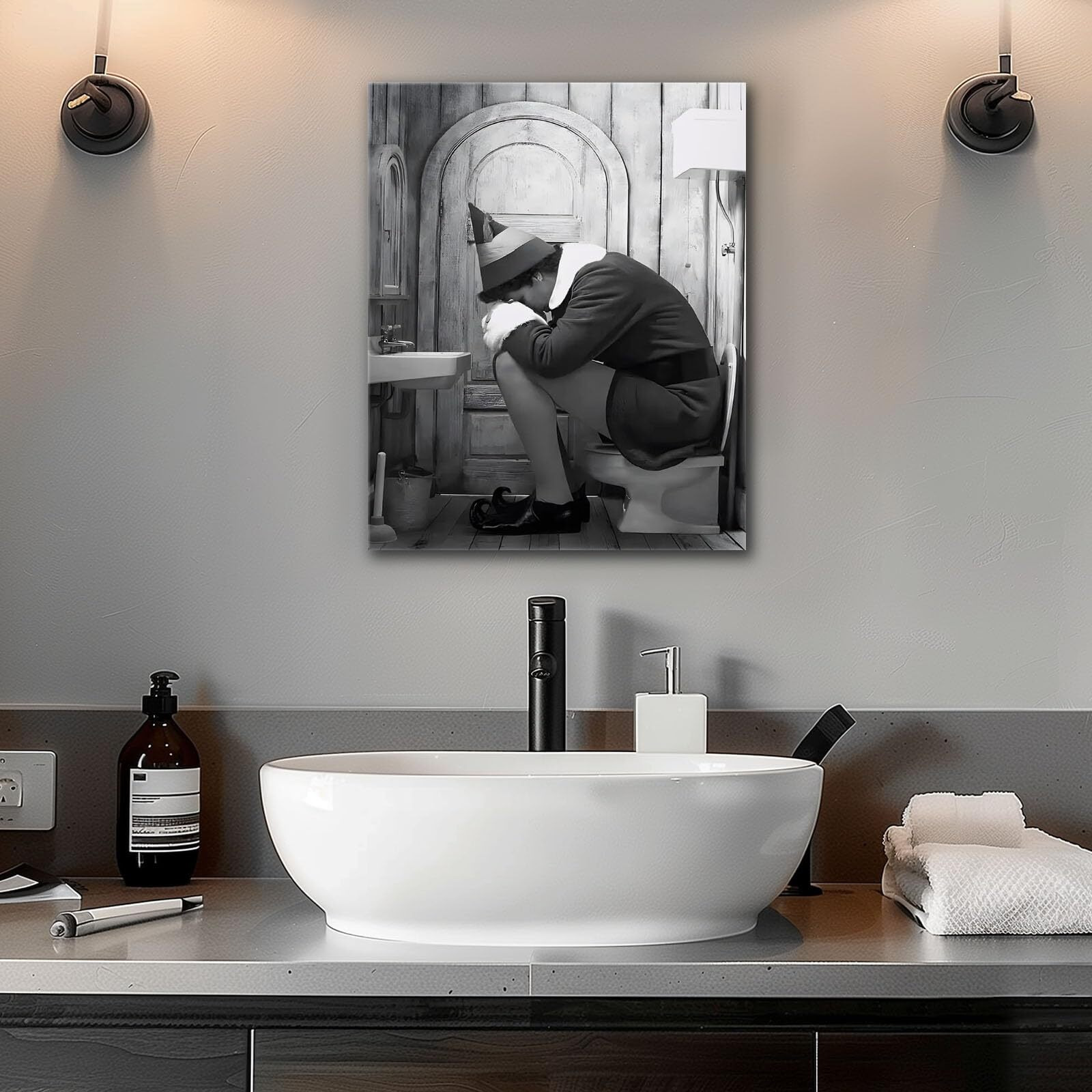 B.B.F Make Funny Framed Canvas Wall Art Bathroom Decor Black And White Comedy Elf Movies Poster Bathroom Oil Painting Modern Toilet Artwork For Living Room Dorm Wall Home Decoration (20X24Inch)