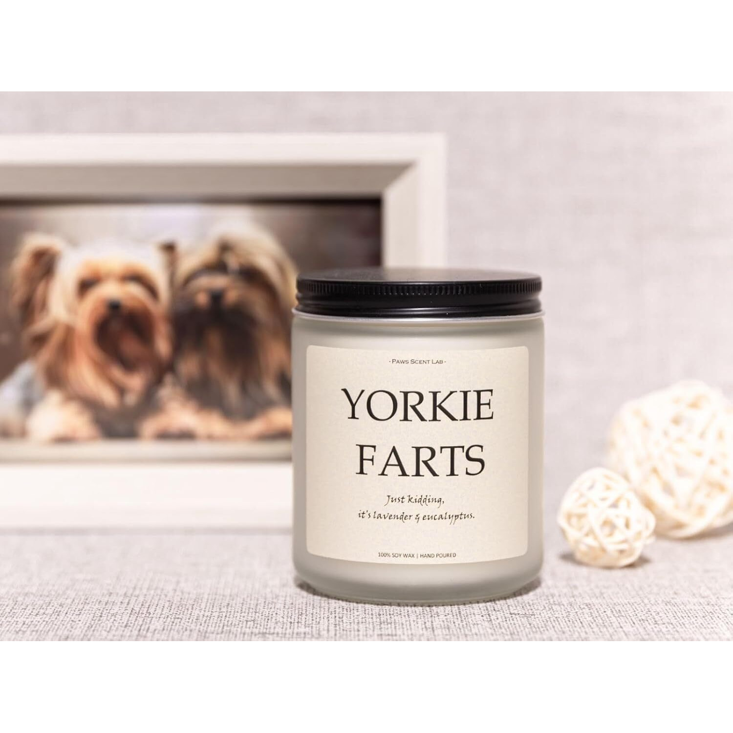 Yorkie Gifts & Decor, Dog Farts Candle, Yorkie Gifts For Women, Dog Mom Gifts For Women - Lavender & Eucalyptus, Crafted By Natural Soy Wax & Natural Essential Oils, 7Oz