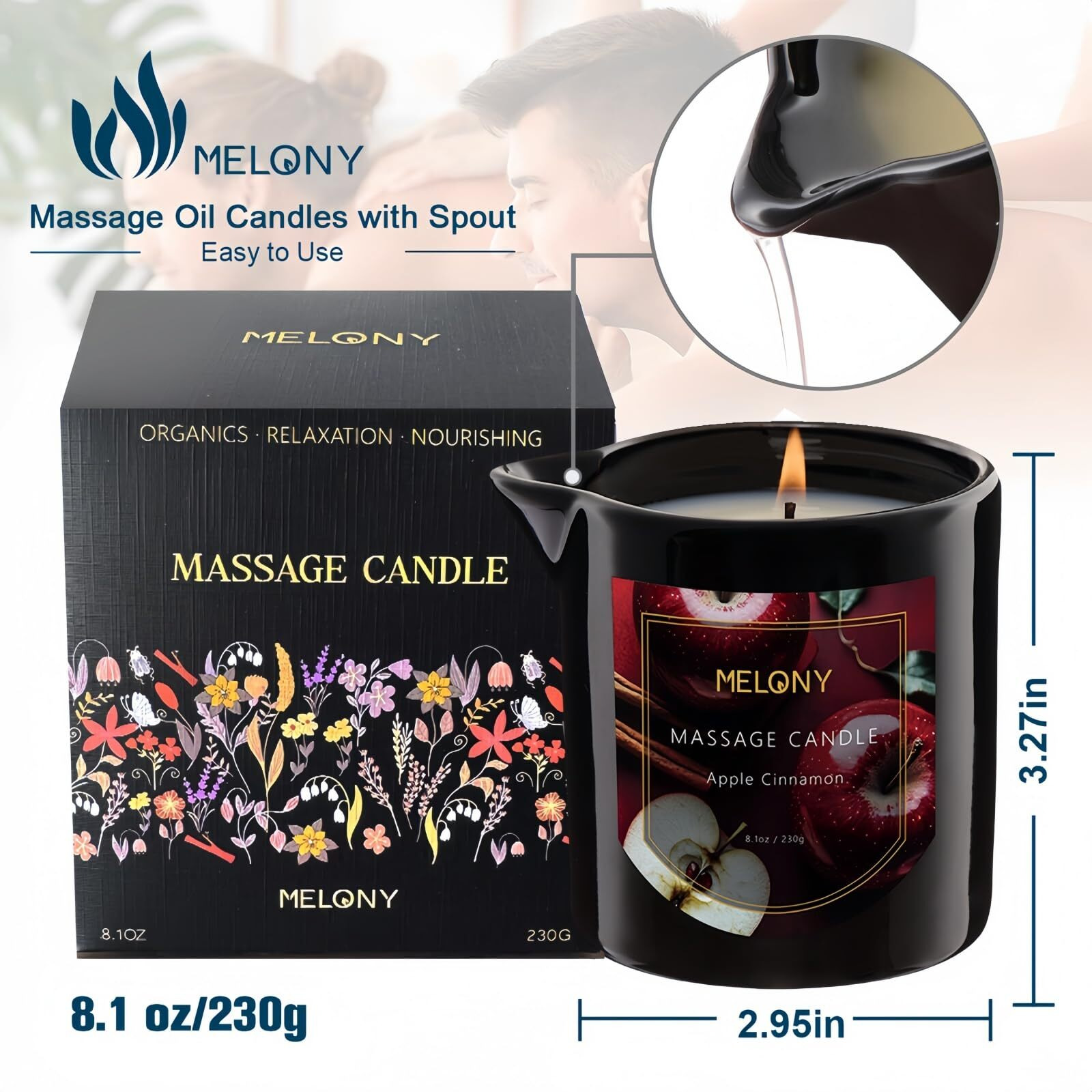 Melony Luxury Massage Candle - Moisturising, Body Oil Candles For Muscle Relaxation, Home Spa, 8.1Oz (Apple Cinnamon)