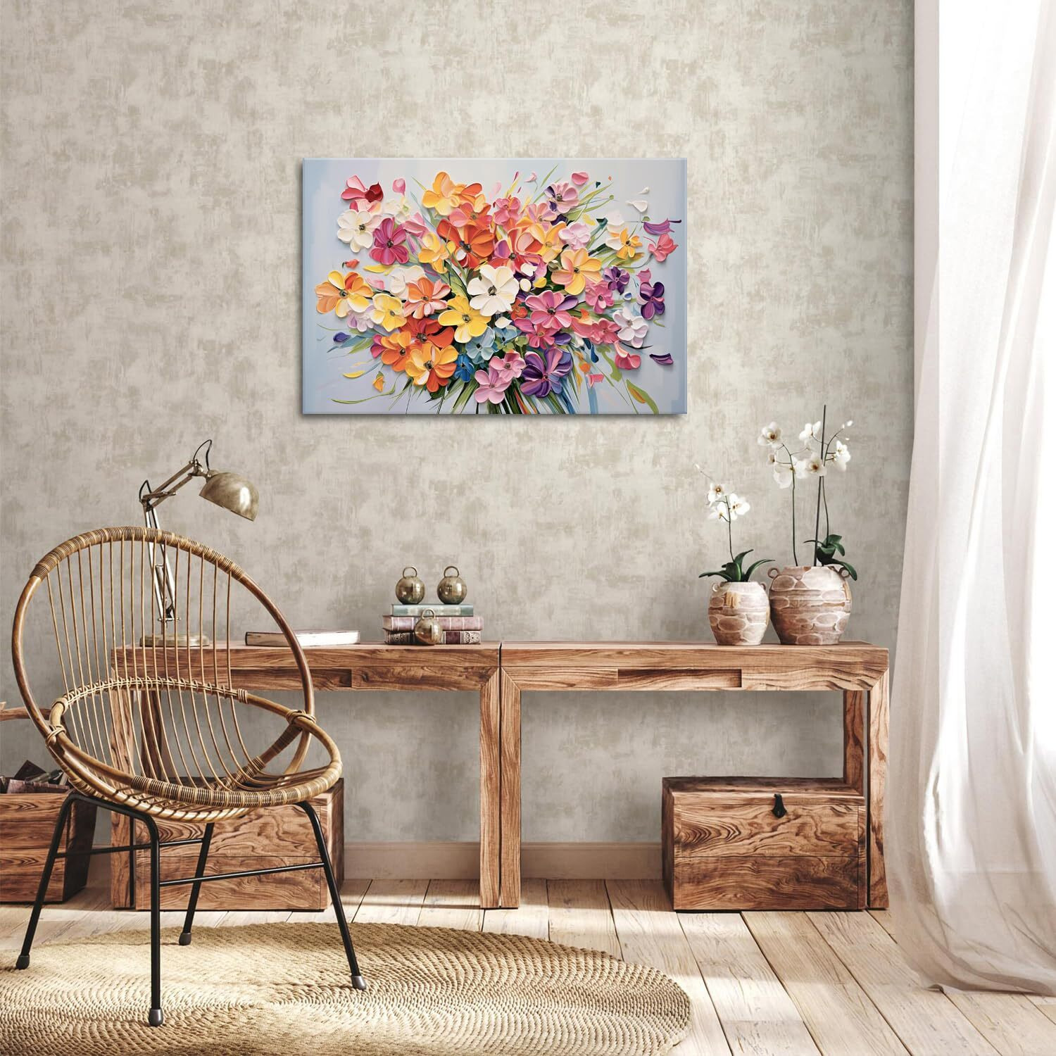 Pink Orange Flower Canvas Wall Art Girls Room Wall Decor Colorful Floral Oil Painting Prints Red Wildflower Picture Aesthetic Country Bouquet Modern Artwork Bathroom Kitchen Home Decorations 20X30