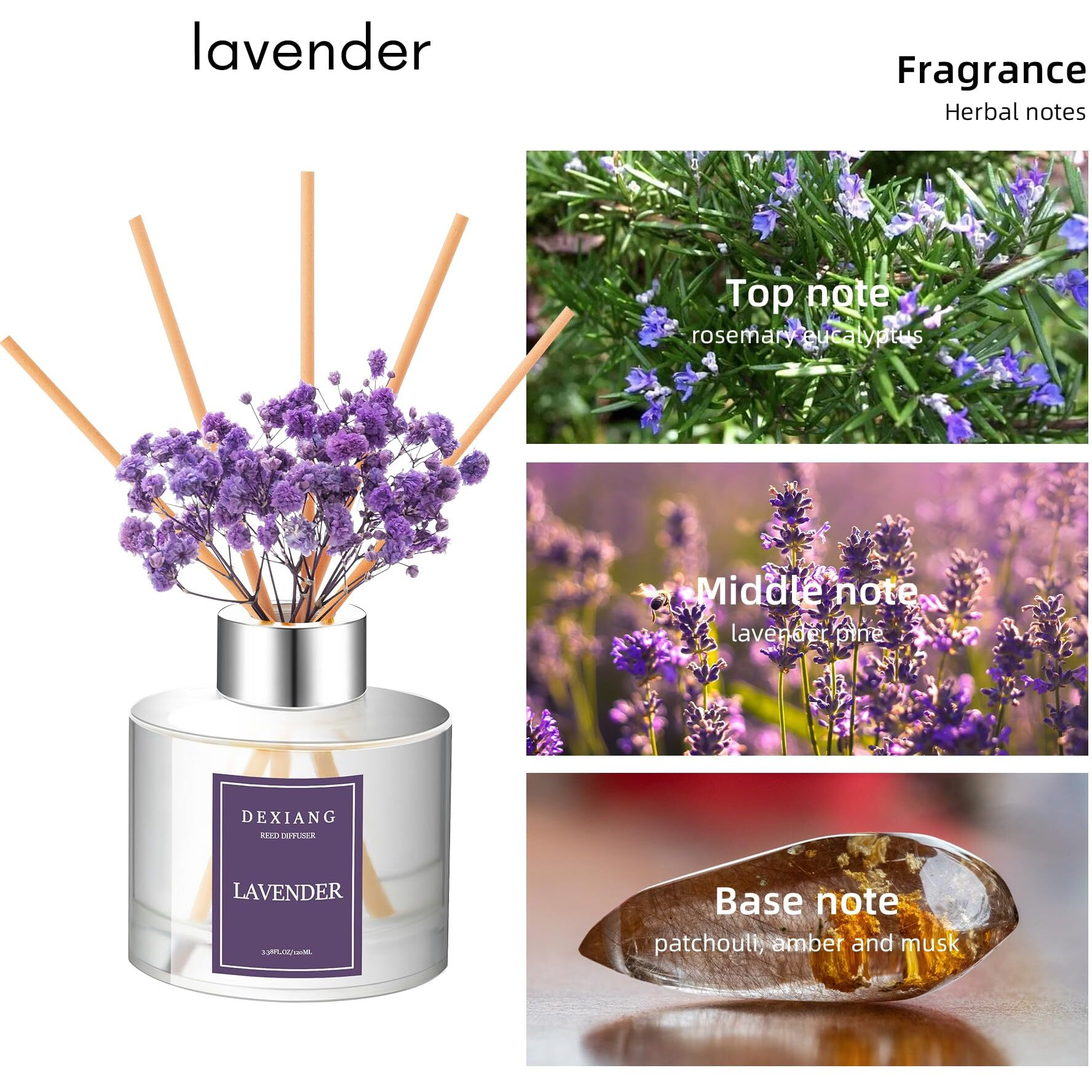 Fresh Lavender Reed Diffuser Set - 3.38 Fl Oz (100Ml) Essential Oil With 6 Reed Sticks | Home & Bathroom Decor