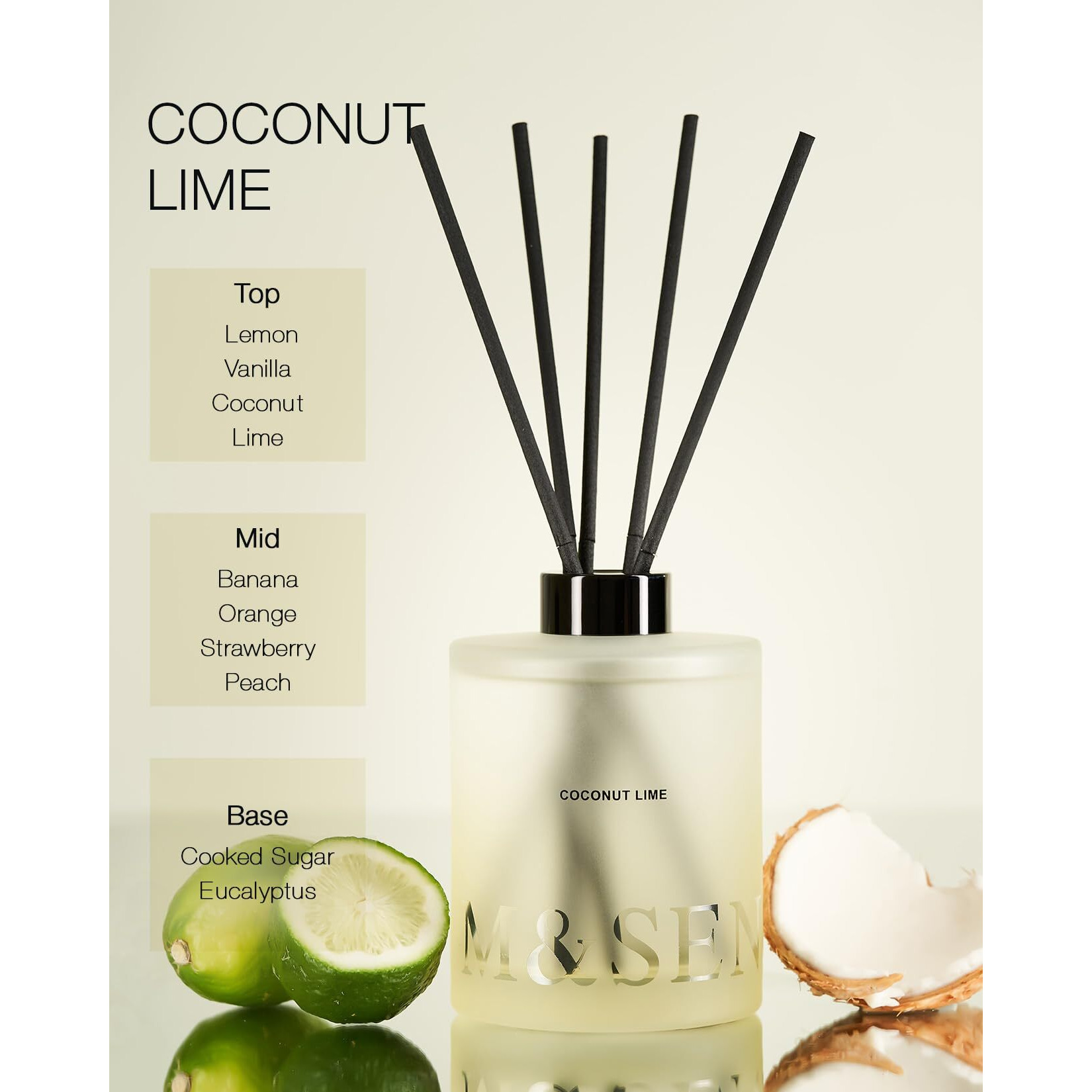 M&Sense Coconut Lime Reed Diffuser Set - 16.9 Fl Oz Long-Lasting Scent, Large Natural Oil Diffuser With Sticks, Non-Toxic Aromatherapy Diffuser Gift For Home, Spa & Bedroom