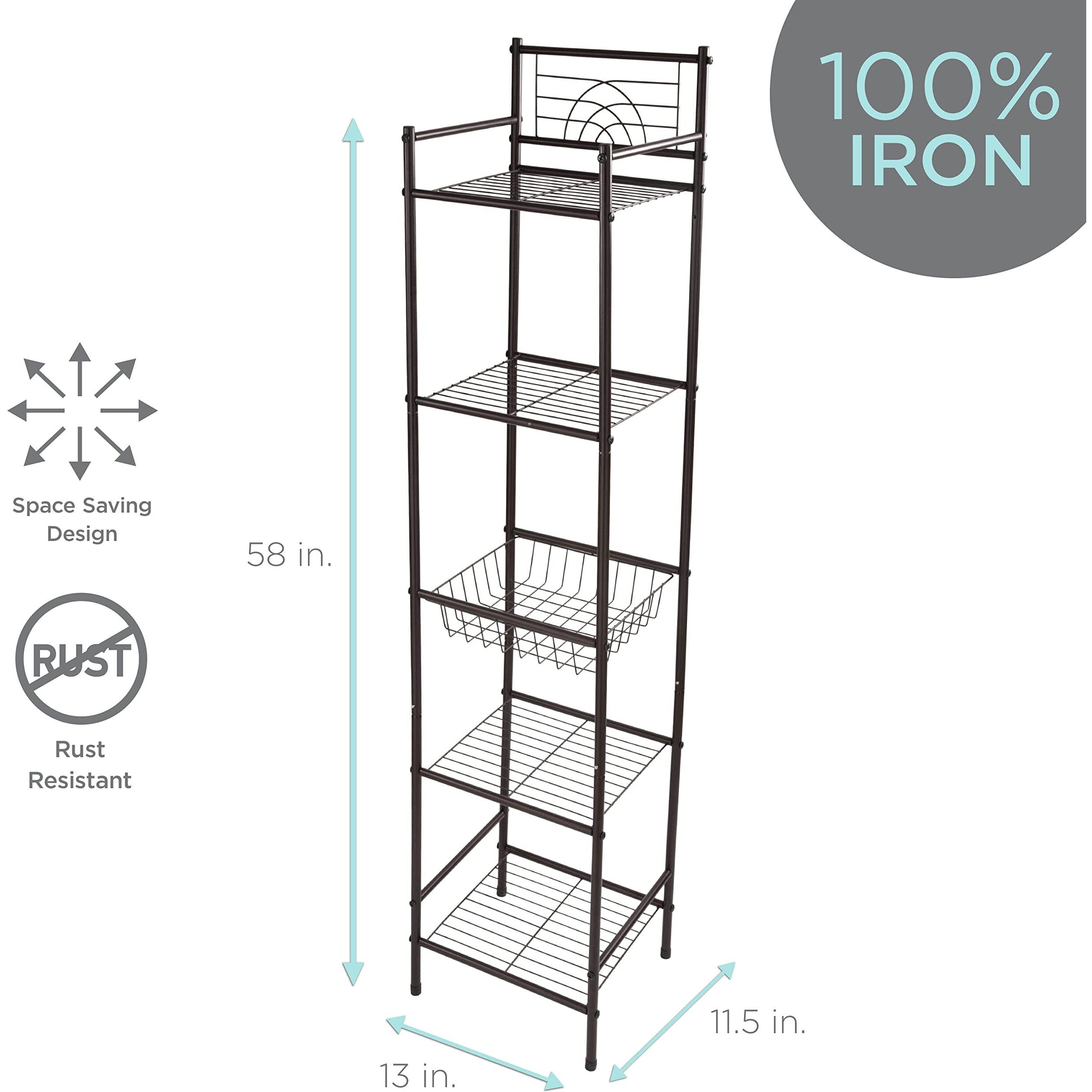 Bath Bliss 5 Tier Storage Shelf | 13"&quotX 11.6"&quotX 54.5"" | Freestanding | Bathroom Storage | Rust Resistant | Easy Assemble | Oil Rubbed Bronze