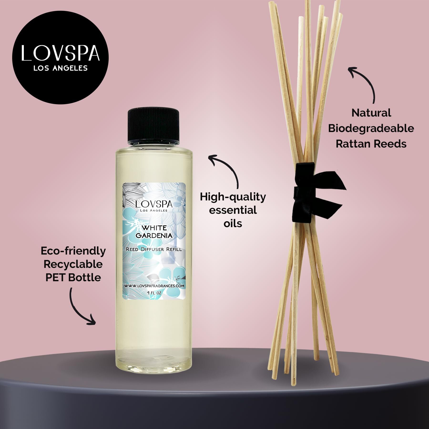 Lovspa White Gardenia Reed Diffuser Oil Refill With Replacement Reed Sticks | With Jasmine, Rose, Wild Violets And Tuberose, 4 Oz | Made In The Usa