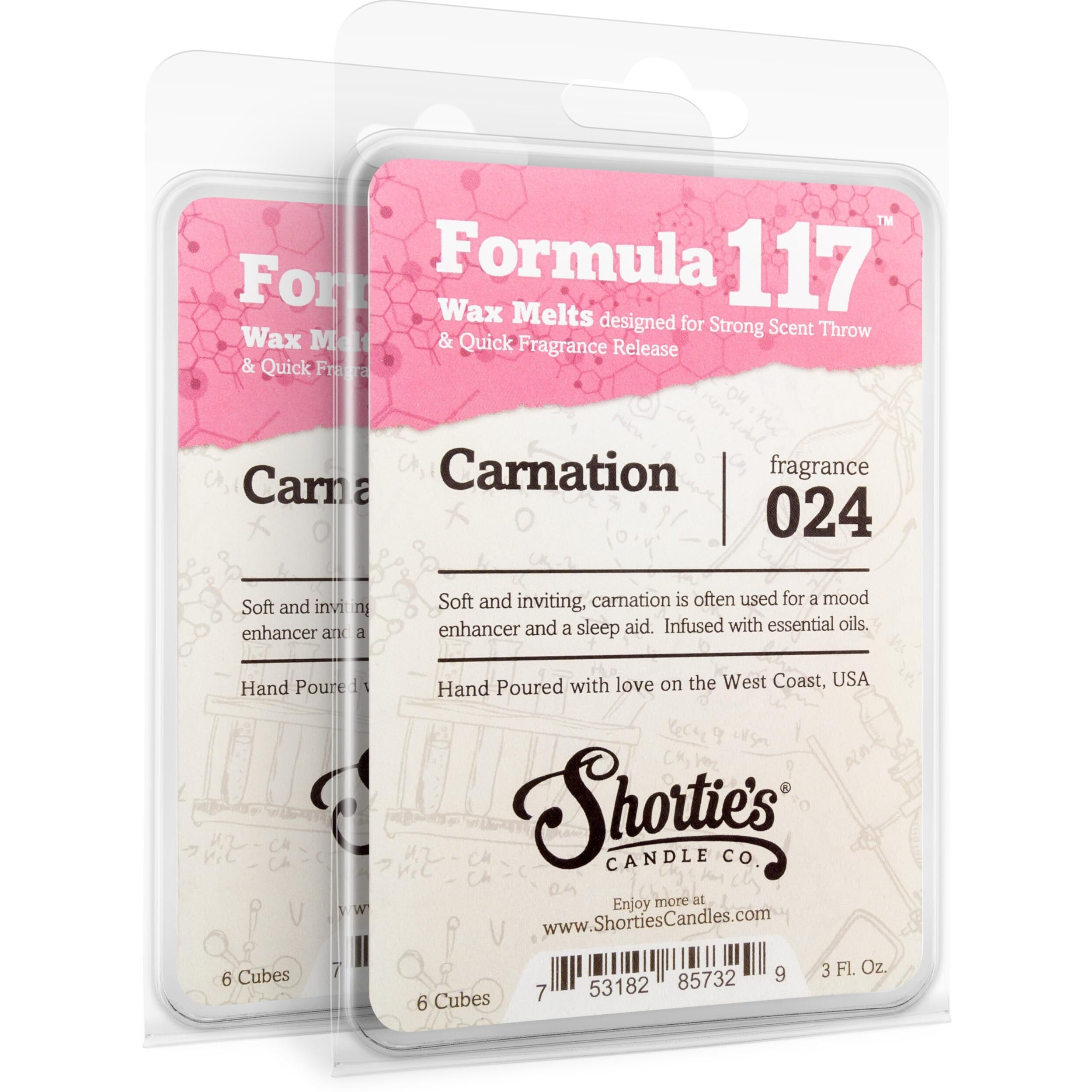 Shortie's Candle Company Pure Carnation Wax Melts Multi Pack - 2 Highly Scented 3 Oz. Bars (6 Oz. Total) - Made With Essential & Natural Oils - Flower & Floral Air Freshener Cubes Collection