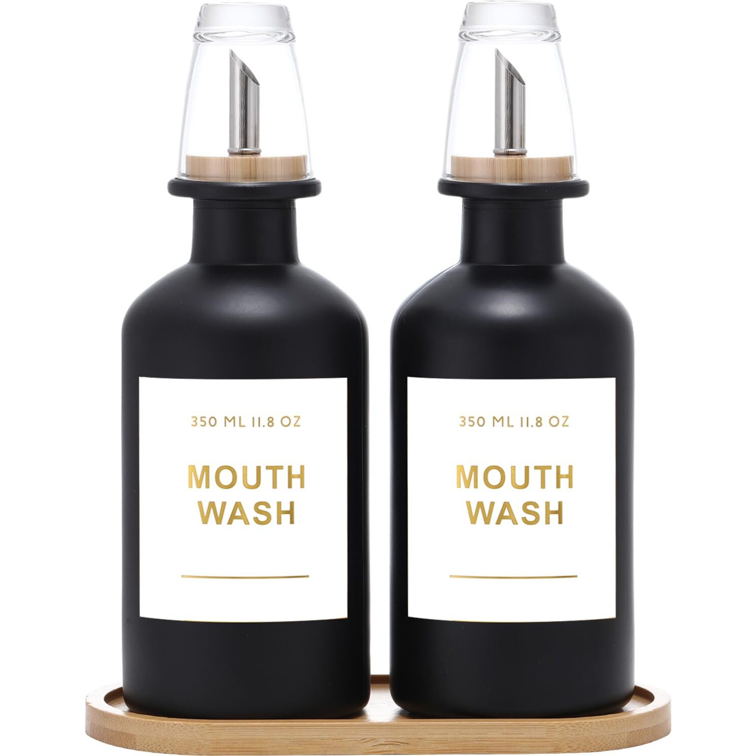 Bonlong 11.8Oz Glass Mouthwash Dispenser For Bathroom With Stainless Steel & Bamboo Nozzle, Mouthwash Cup Reusable, Bamboo Tray, And Elegant Gold Sticker.Set Of 2(Black