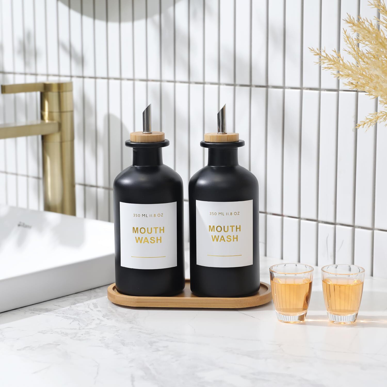 Bonlong 11.8Oz Glass Mouthwash Dispenser For Bathroom With Stainless Steel & Bamboo Nozzle, Mouthwash Cup Reusable, Bamboo Tray, And Elegant Gold Sticker.Set Of 2(Black