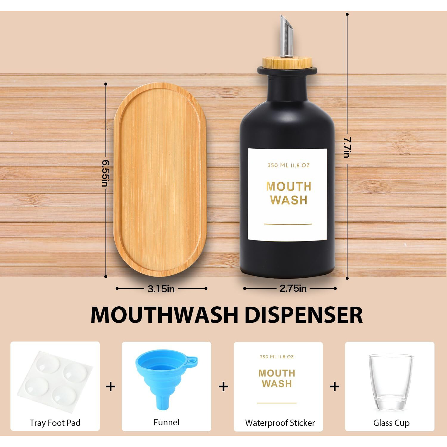 Bonlong 11.8Oz Glass Mouthwash Dispenser For Bathroom With Stainless Steel & Bamboo Nozzle, Mouthwash Cup Reusable, Bamboo Tray, And Elegant Gold Sticker.Set Of 2(Black