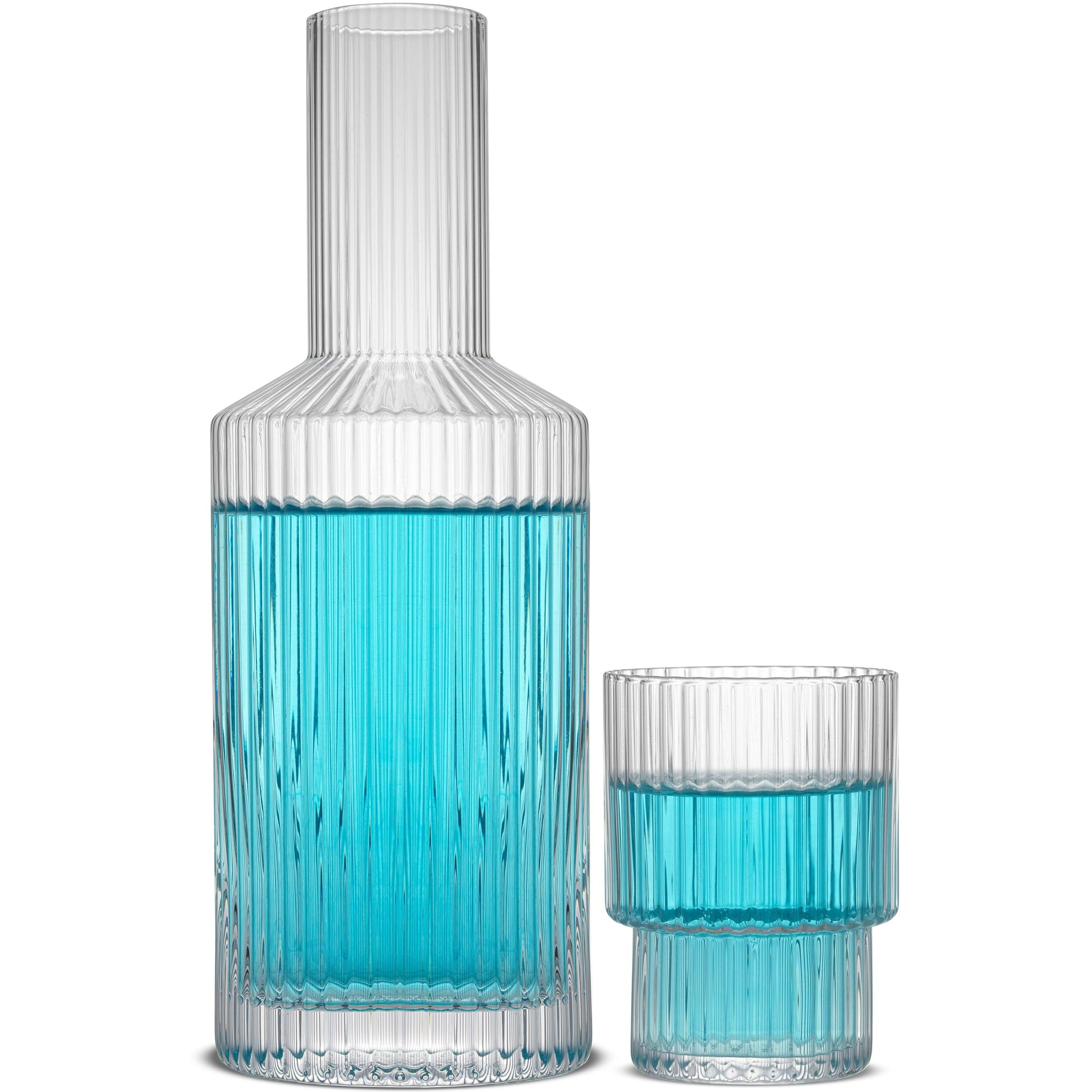 Joyjolt Bedside Water Carafe And Glass Set. Elle Fluted Glass Carafe And Ribbed Glassware. Vintage Nightstand Water, Mouthwash Decanter For Bathroom Or Ribbed Vase. Mid Century Modern Glassware