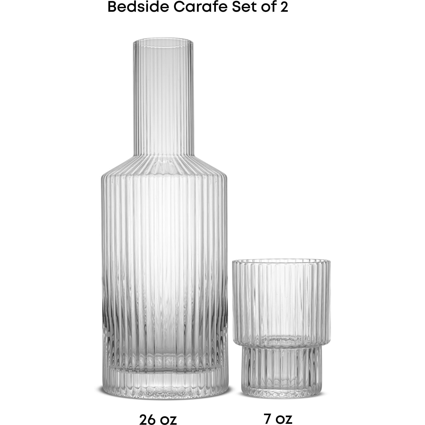 Joyjolt Bedside Water Carafe And Glass Set. Elle Fluted Glass Carafe And Ribbed Glassware. Vintage Nightstand Water, Mouthwash Decanter For Bathroom Or Ribbed Vase. Mid Century Modern Glassware