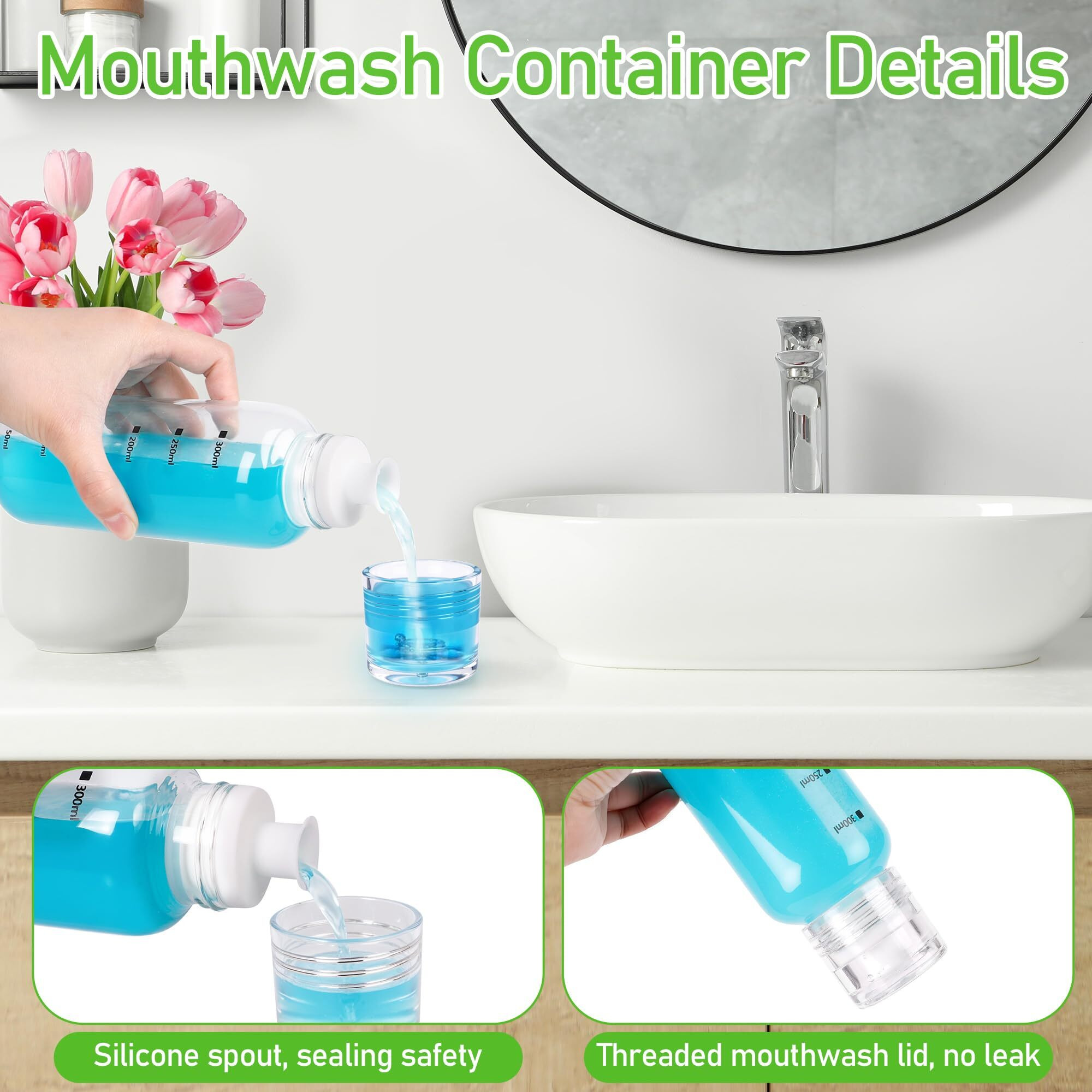 Mytium 2Pcs Glass Mouthwash Dispenser - 10 Oz Mouthwash Container With Lid Cup And Pour Spout Refillable Countertop Mouth Wash Dispenser For Bathroom