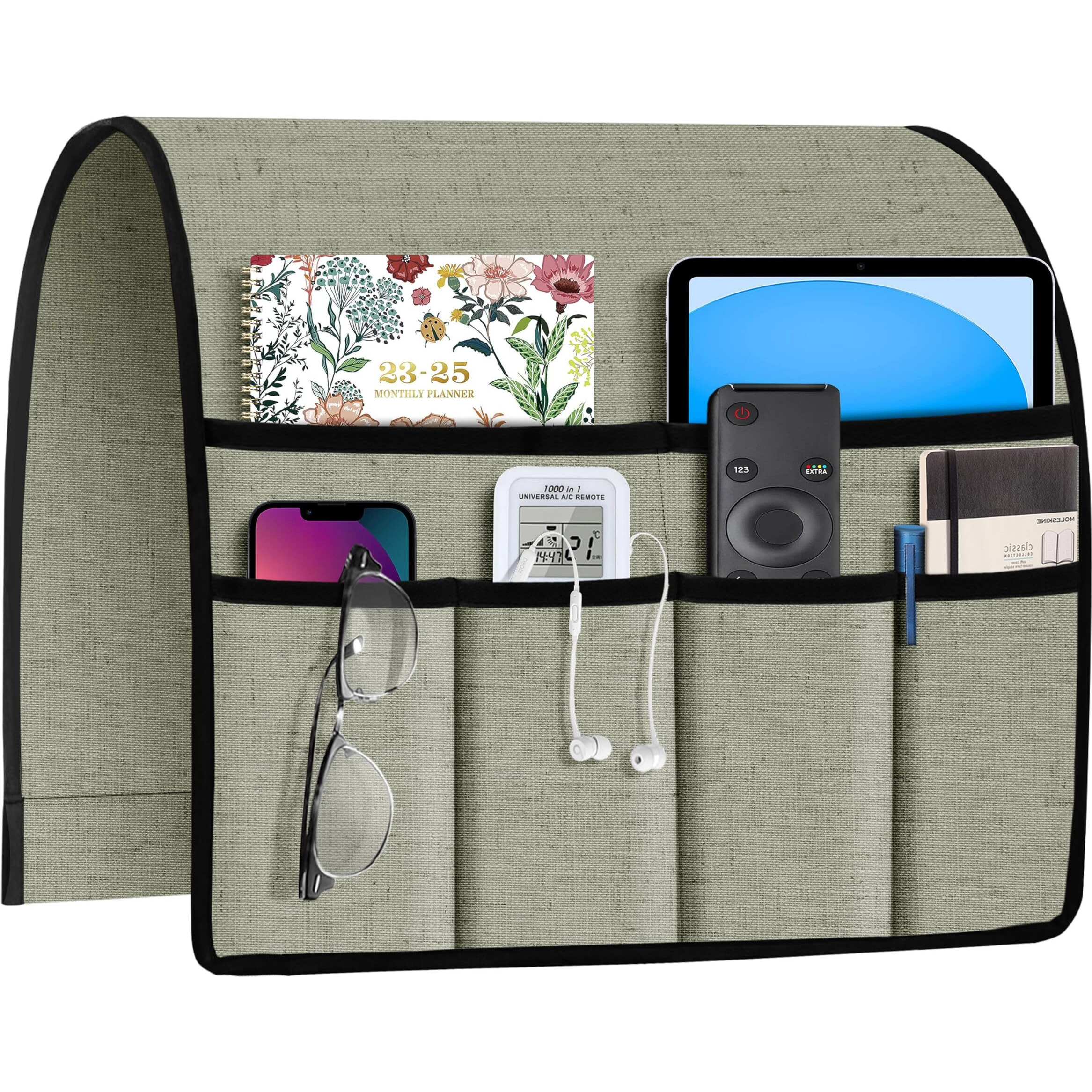 Joywell Remote Holder For Recliner Armchair Caddy Couch Armrest Non Slip Sofa Arm Chair Caddie With 6 Pocket For Magazine, Tablet, Phone, Ipad, Think Linen, Sage Green