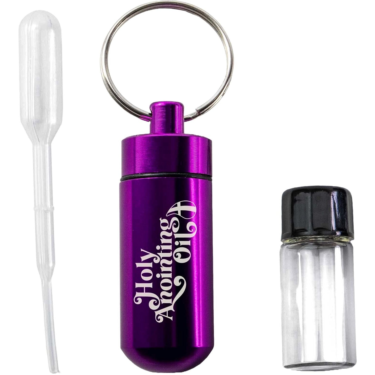 Anointing Oil Bottle Accessory Kit, Purple Keychain Container, Plastic Eyedropper & Small Empty Glass Vial, Screw Top Metal Holder, Protective Travel Set For Holy Oils, Botellas Para Aceite Ungido