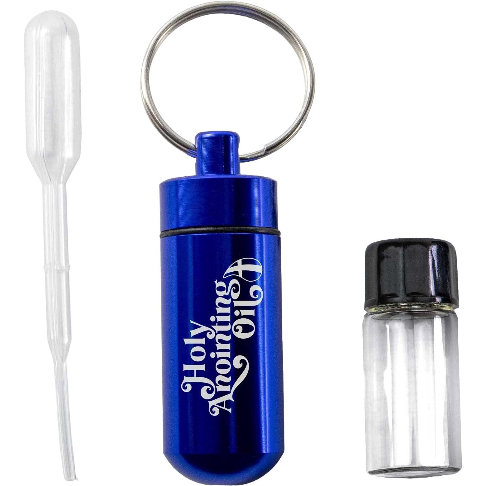 Anointing Oil Bottle Accessory Kit, Blue Keychain Container, Plastic Eyedropper & Small Empty Glass Vial, Screw Top Metal Holder, Protective Travel Set For Holy Oils, Botellas Para Aceite Ungido