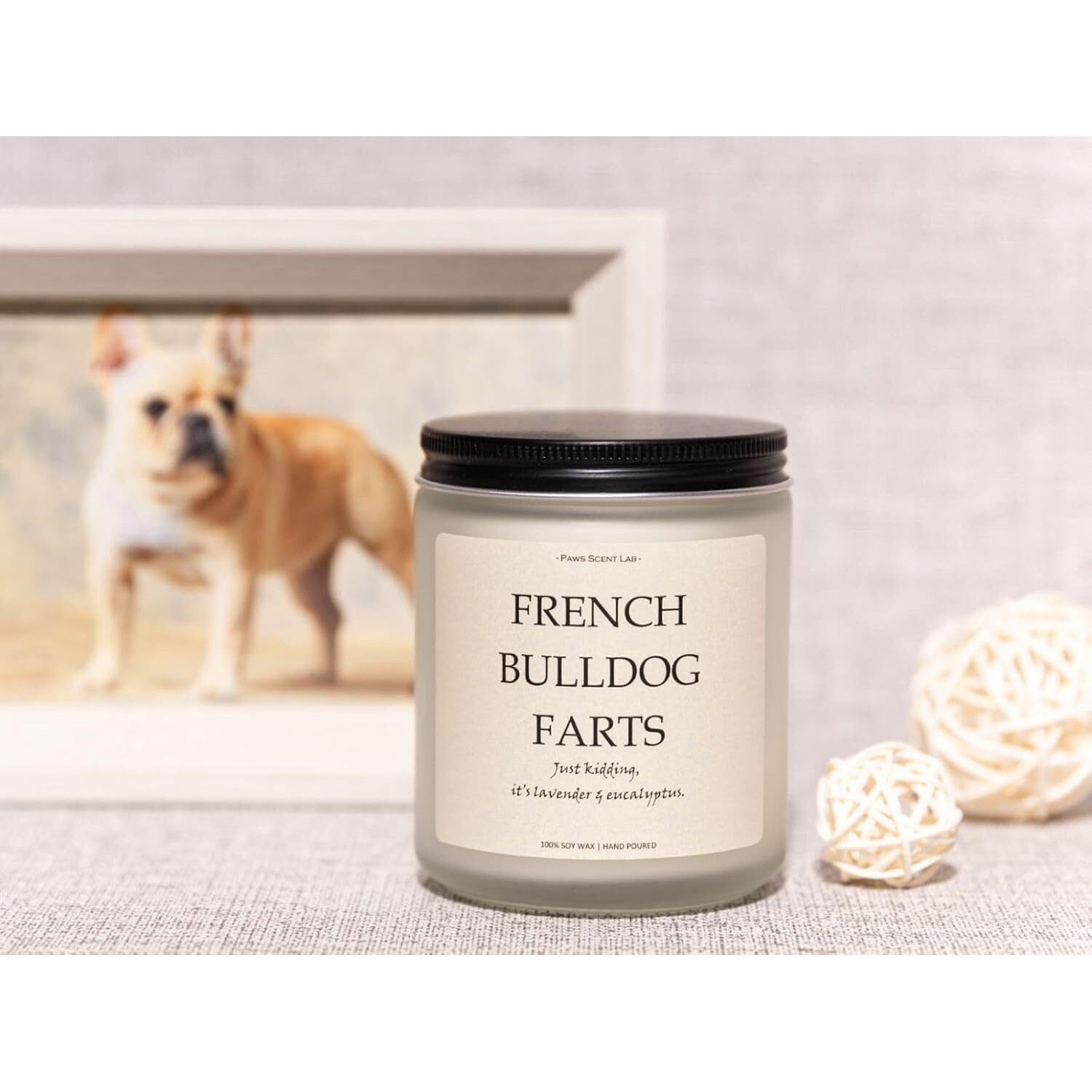 French Bulldog Gifts & Decor, French Bulldog Gifts For Women, Dog Farts Candle, Dog Mom Gifts For Women - Lavender & Eucalyptus, Crafted By Natural Soy Wax & Natural Essential Oils, 7Oz