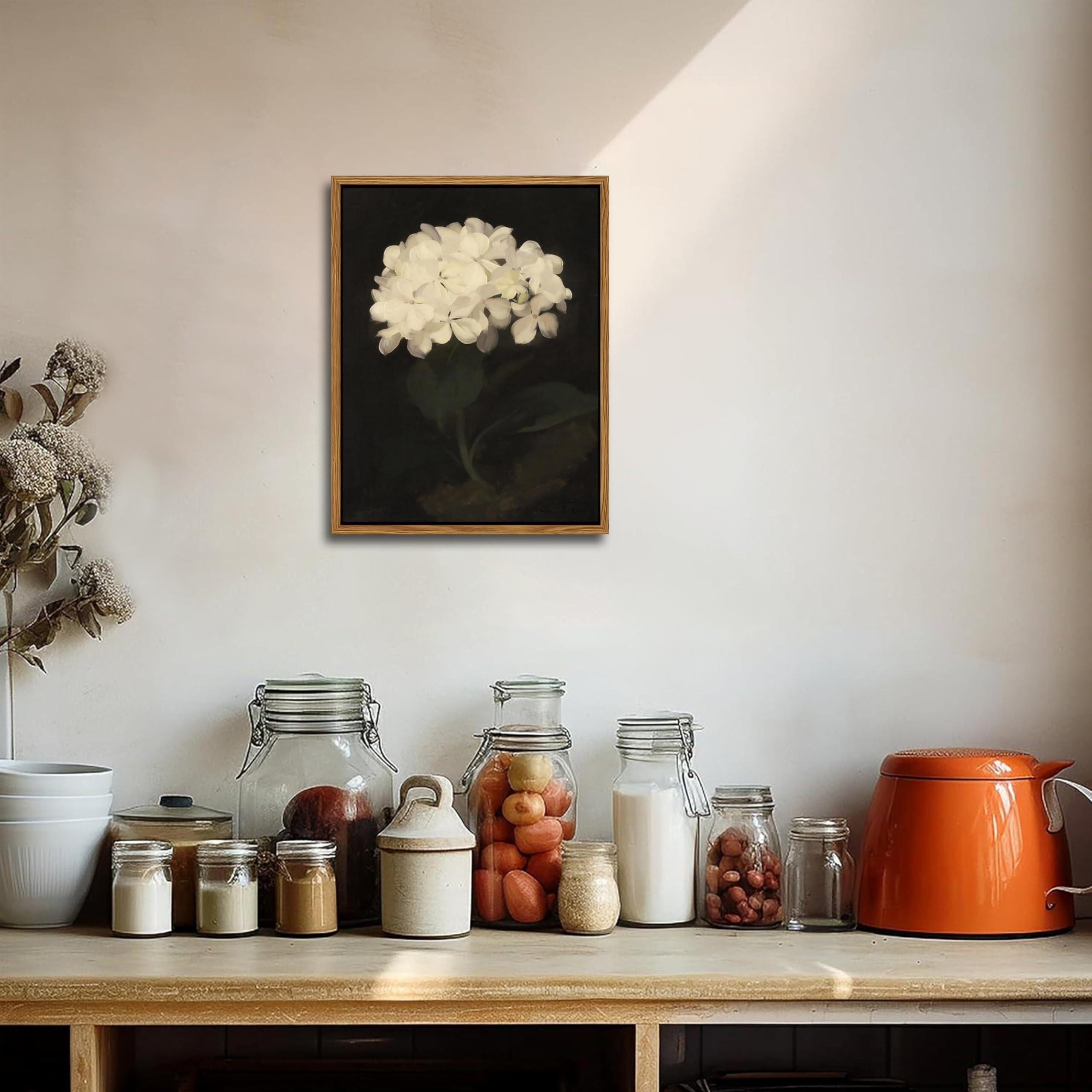 Framed Wall Art For Living Room - Vintage White Hydrangea Oil Painting Canvas Prints, Aesthetic Bedroom Wall Art, Kitchen Decor For Shelves, Bathroom Office Artwork Wall Decor - 8X10In