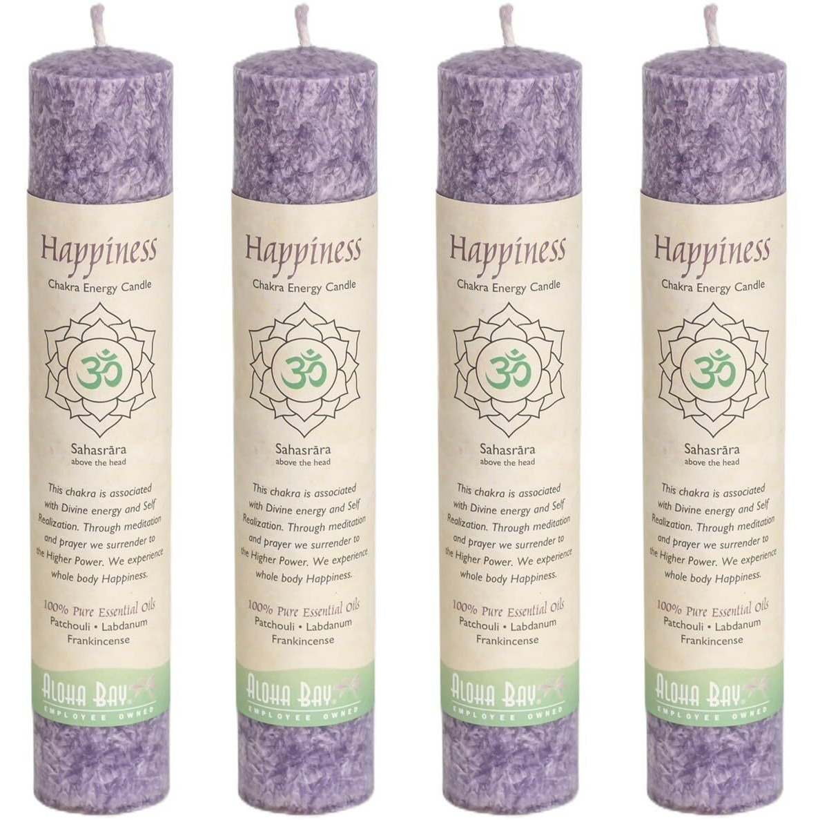 Premium Scented Candle Hand Made Chakra Energy Pillar | 4-Pack | Happiness, Sahasrara | Yoga, Prayer & Meditation Candle | Long Burn 15 Hours | Essential Oils Of Patchouli & Frankincense | Aloha Bay
