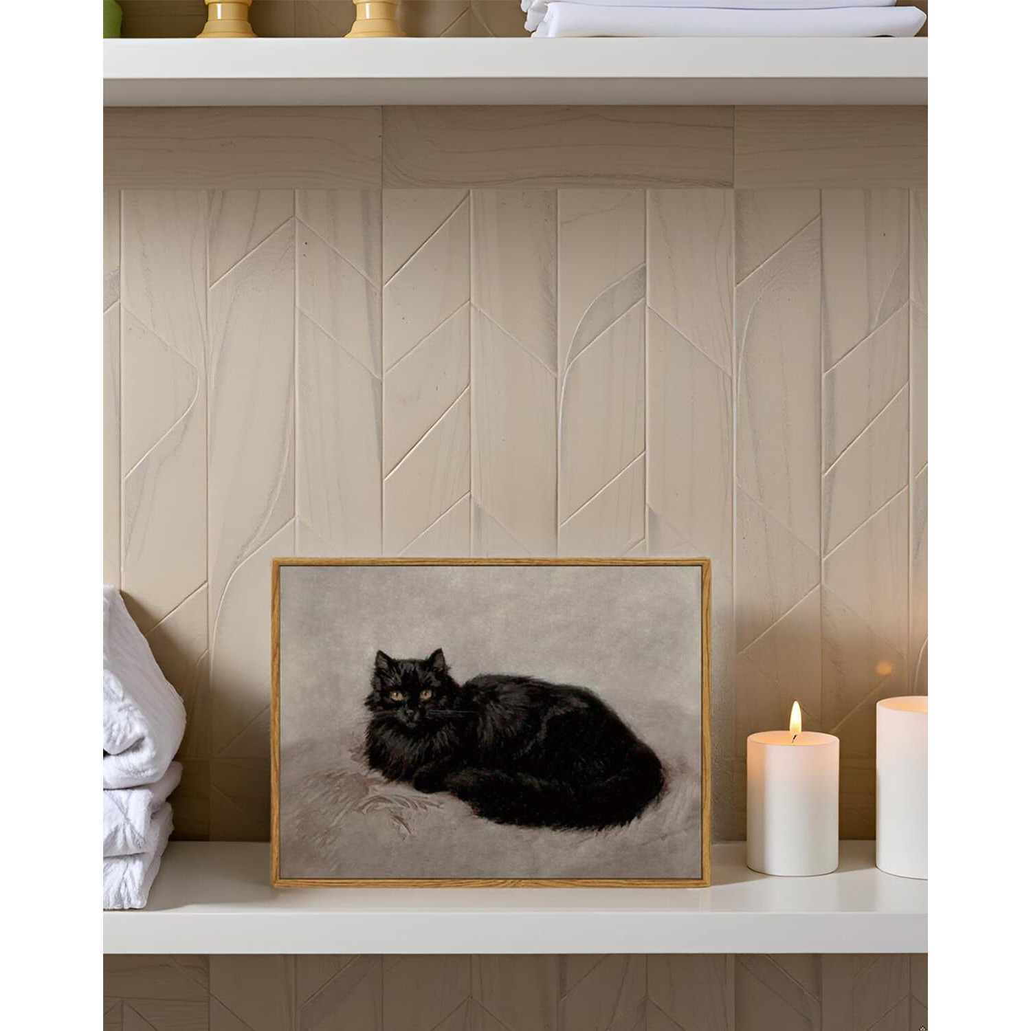 Arpeotcy Vintage Framed Canvas Wall Art, 12X16Inch, Black Cat Artworks, Modern Animal Oil Paintings Decor, Retro Classical Prints Hanging Wall Decor For Bathroom Living Room Bedroom Office