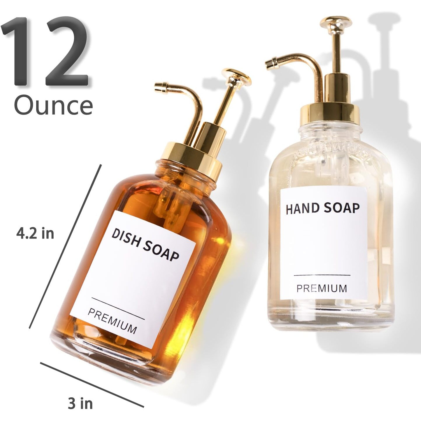 12Oz Dish Soap Dispenser For Kitchen, Hand Glass Soap Dispenser Set With Pump, Tray, Funnel For Bathroom, Shower, Laundry, Liquid, Lotion (Gold 2 Pack Clear Bottles With 12 Stickers)