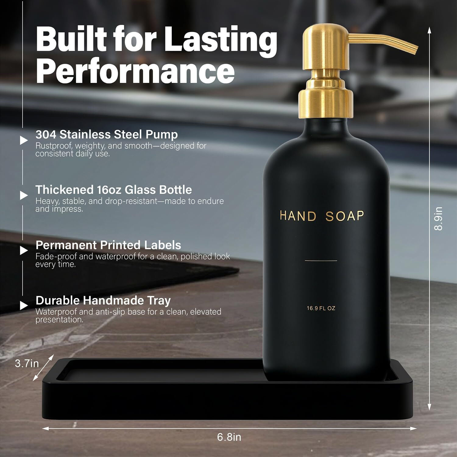 Prus Waso Soap Dispenser Bathroom Set, Hand And Lotion Dispenser With Stainless Steel Pump, Perfect For Black And Gold Bathroom Decor. (Gold & Black)