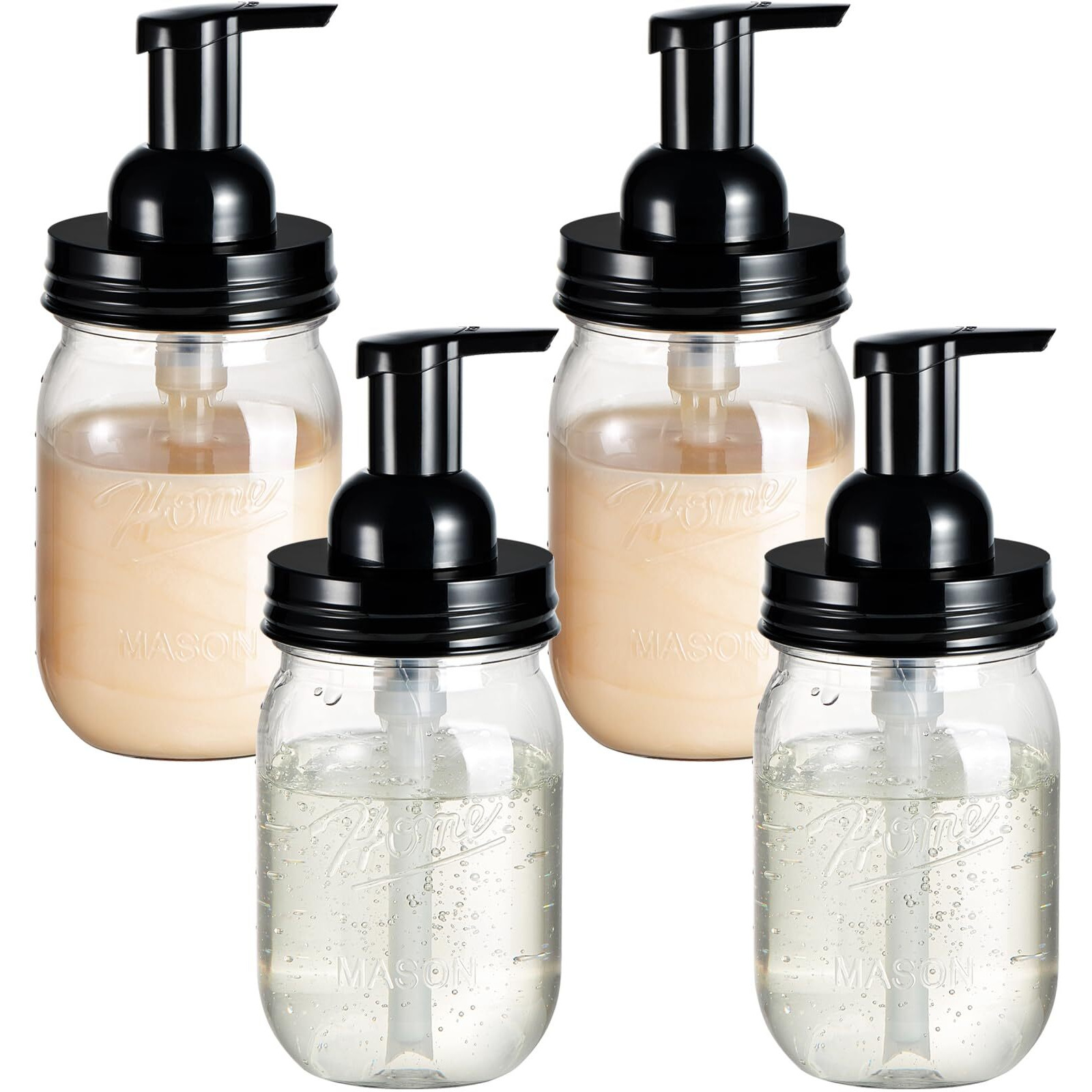 Amolliar Plastic Mason Jar Foaming Soap Dispenser With Pump Lid,16Oz Refillable Hand Soap Dispenser Set With Cute Lables - Farmhouse Decor For Kitchen/Bathroom, Lotion Liquid Dish Soap (4 Pack, Black)