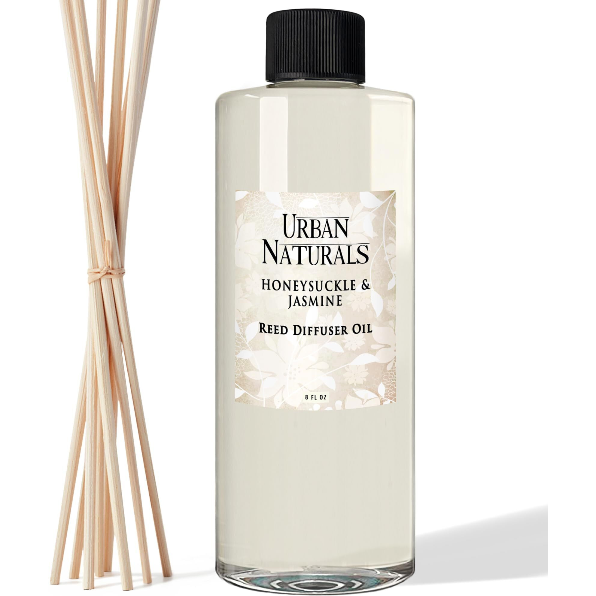 Urban Naturals Reed Diffuser Oil Refill Honeysuckle Jasmine With Hyacinth, Cassis, Neroli, Rose, Iris, Lily Of The Valley 8 Oz + Free Reed Sticks, Made In The Usa