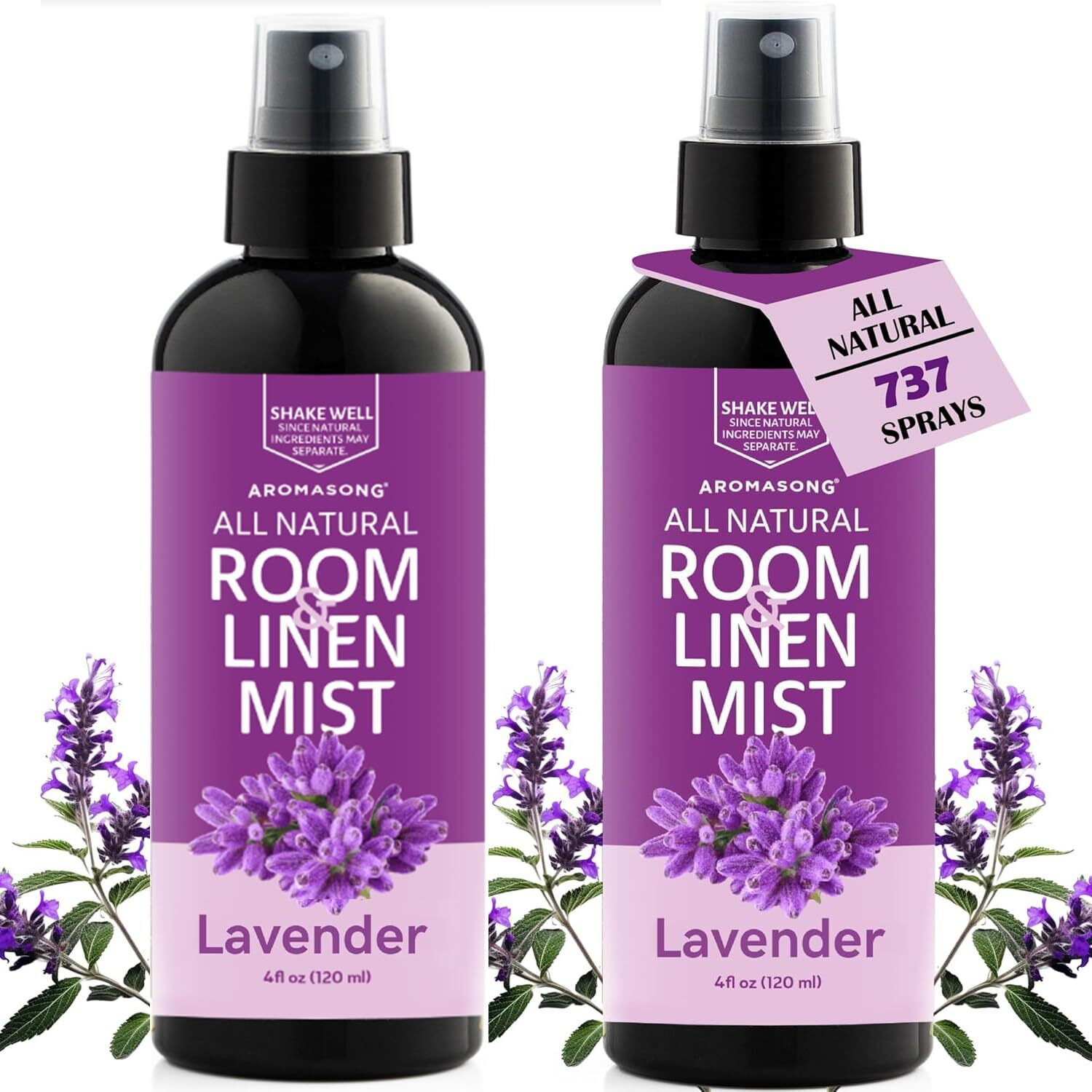 Aromasong 100% Natural Lavender Spray | 2-Pack | For Relaxing - Room & Linen Spray For Sleeping - Calming Essential Oil For Pillows And Sheets 4 Fl Oz.