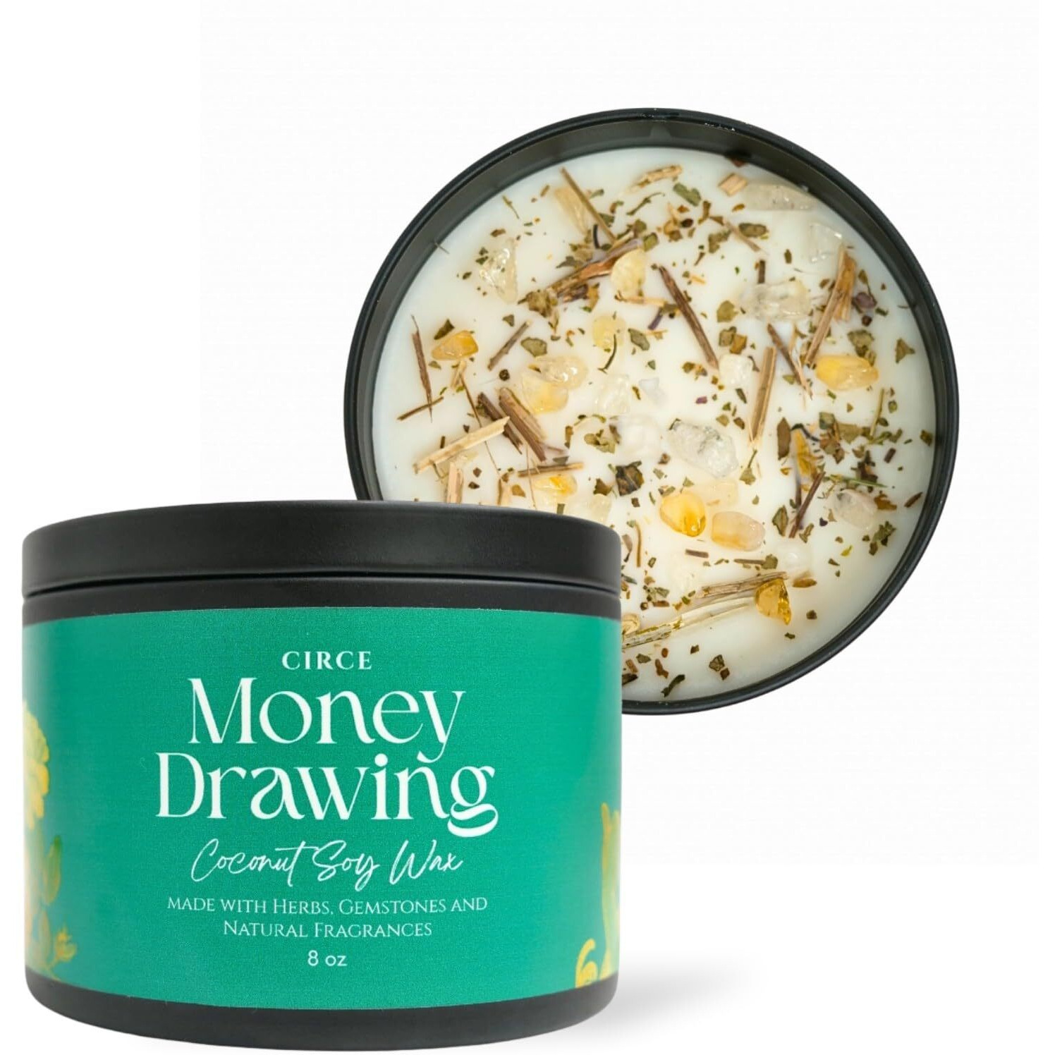 Circe Spell Candle Money Drawing    Coconut Soy Wax Candle Jar- Premium Hand Poured & Long Burning- Herbs, Crystal & Natural Fragrance Oils- Manifest Wealth, Abundance, & Opportunity - Gift - 8Oz