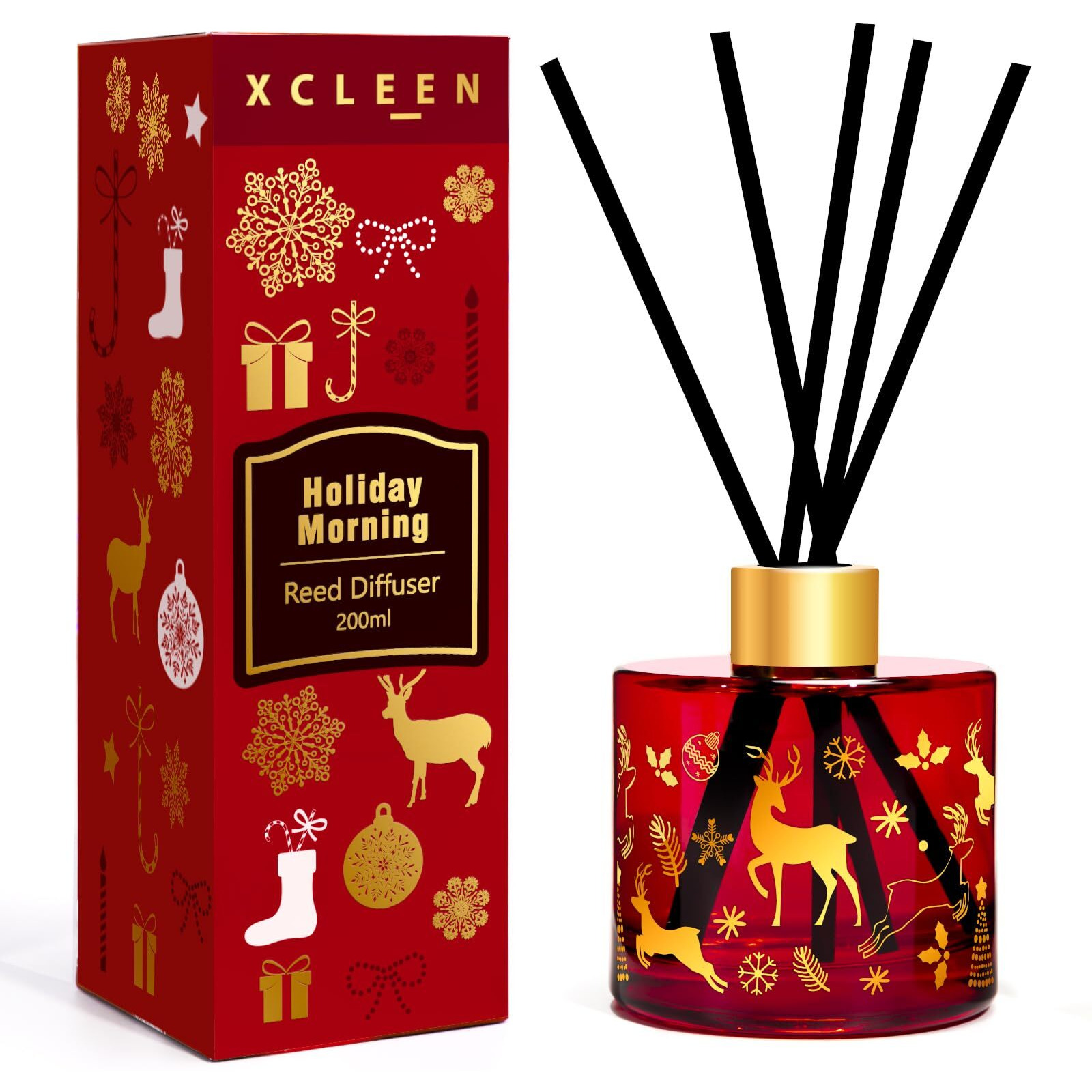 Xcleen Reed Diffuser Set, 6.7 Oz Holiday Morning Oil Diffuser Includes 6 Reed Sticks, Home Fragrance Scented Diffuser For Bathroom Office Shelf Decor