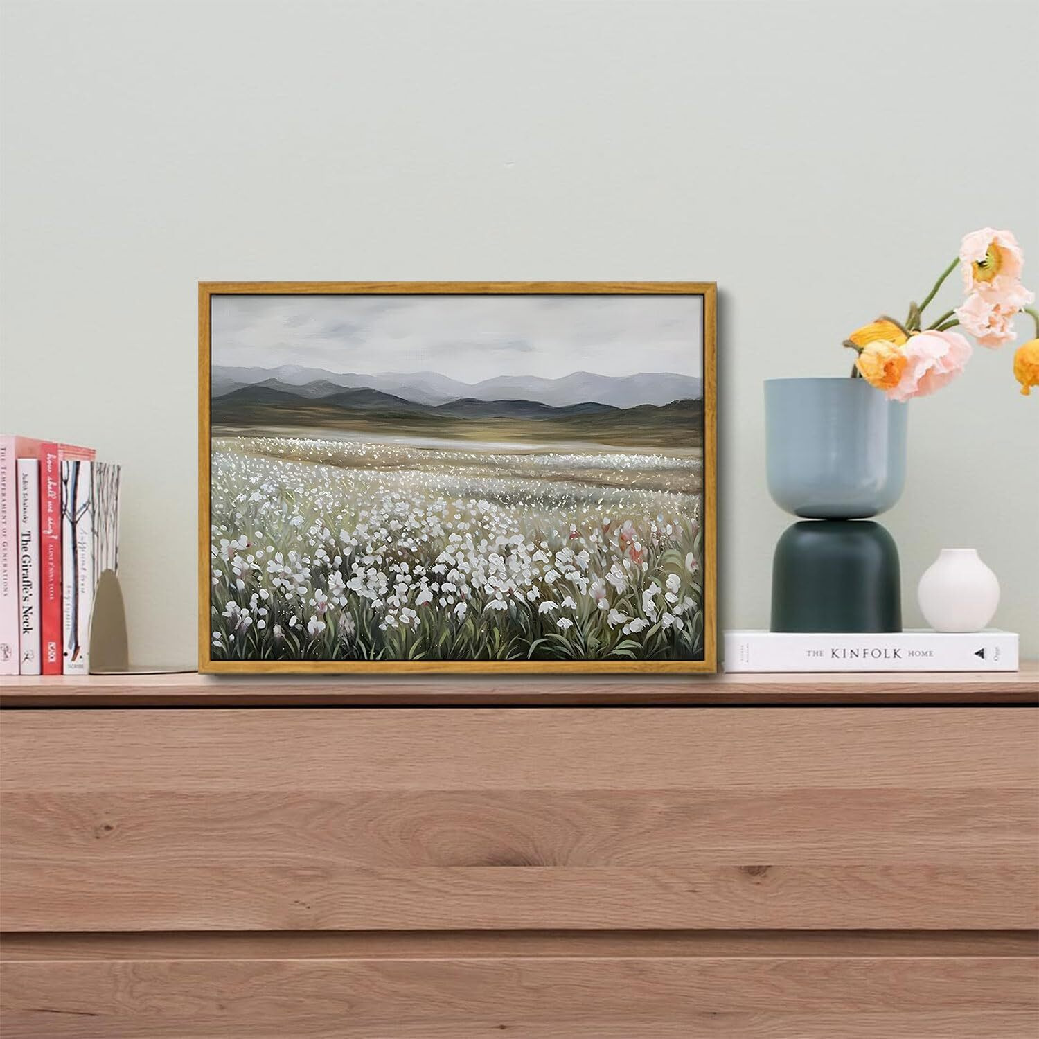 Oiqartoiq Vintage Wildflowers Landscape Wall Art Framed Floral Natural Scenery Oil Painting Canvas Prints Country Farmhouse Decor Pictures Kitchen Bedroom Living Room Bathroom