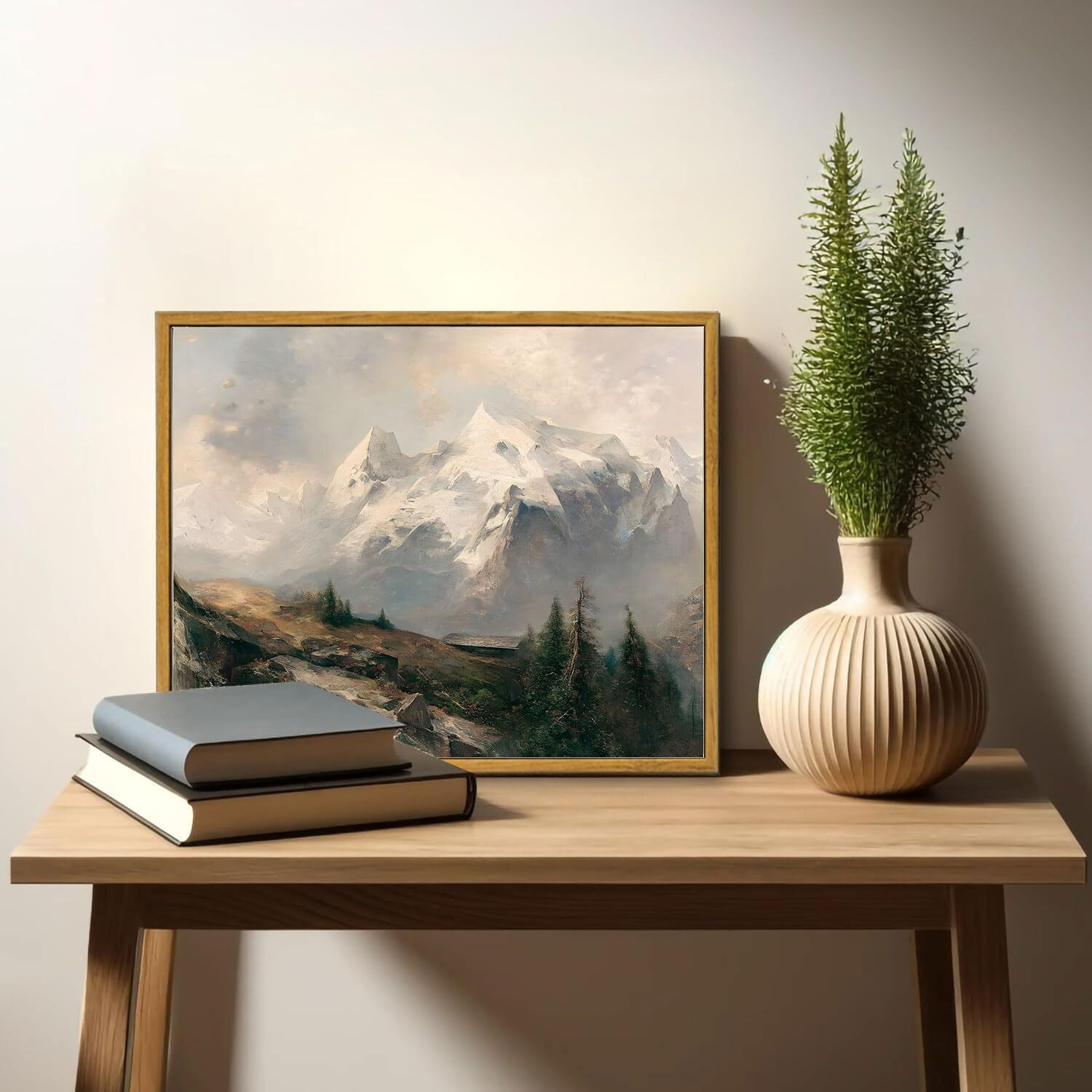 Oiqartoiq Framed Vintage Landscape Wall Art Mountains Natural Scenery Oil Painting Canvas Prints Country Farmhouse Aesthetic Decor Pictures For Kitchen Bedroom Living Room Bathroom