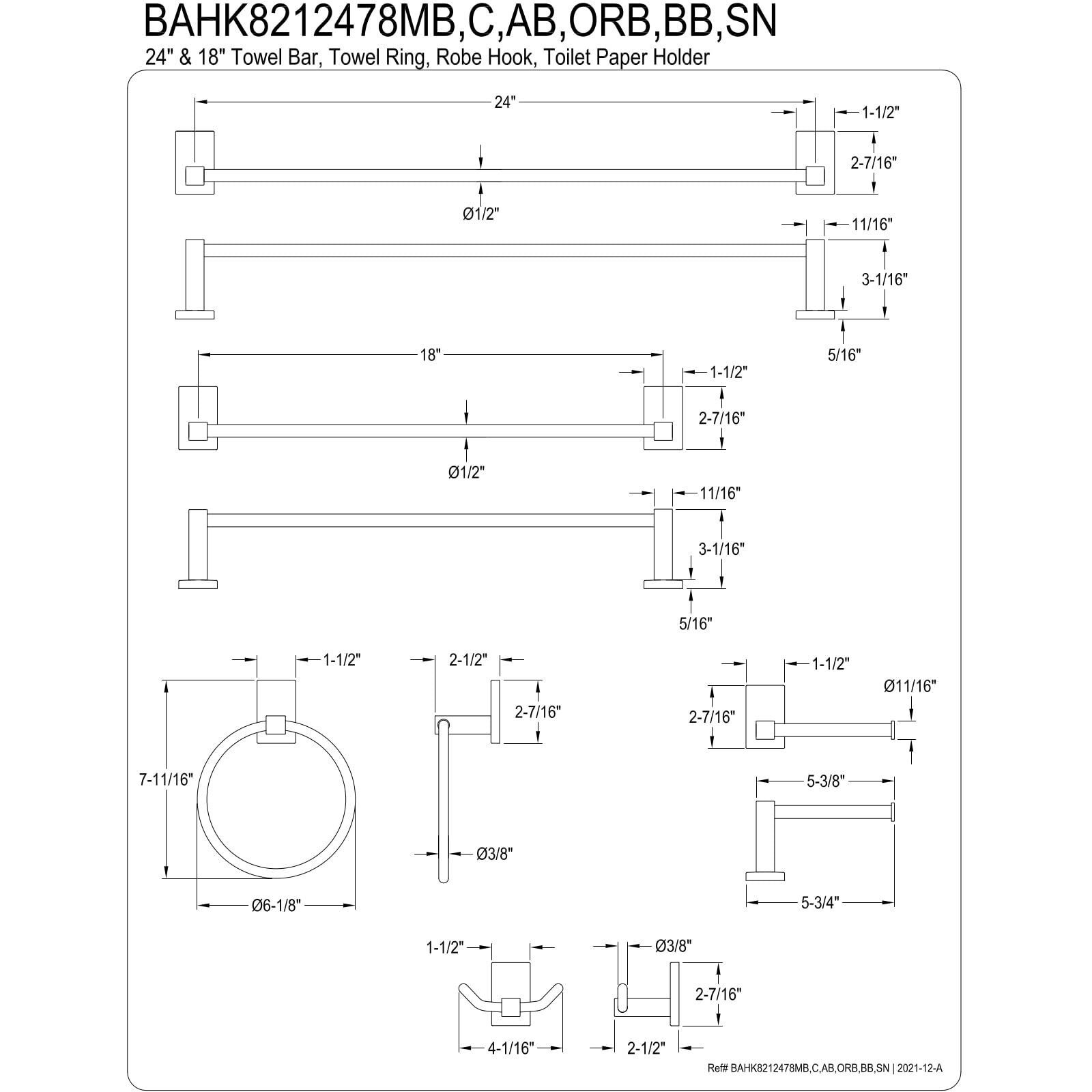 Kingston Brass Bahk8212478Orb Continental Bathroom Hardware Set, 24"" Length, Oil Rubbed Bronze