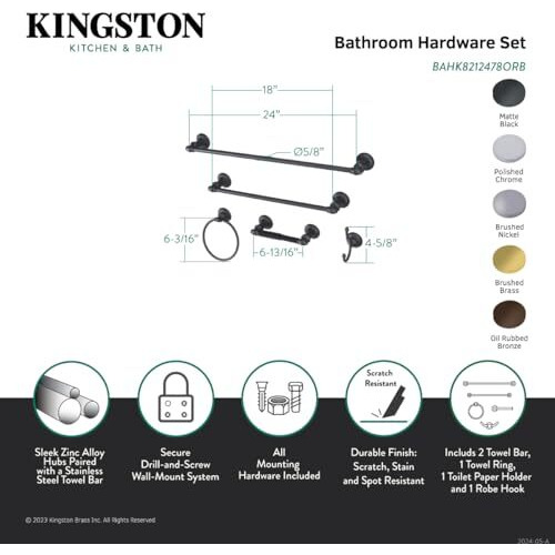 Kingston Brass Bahk8212478Orb Continental Bathroom Hardware Set, 24"" Length, Oil Rubbed Bronze