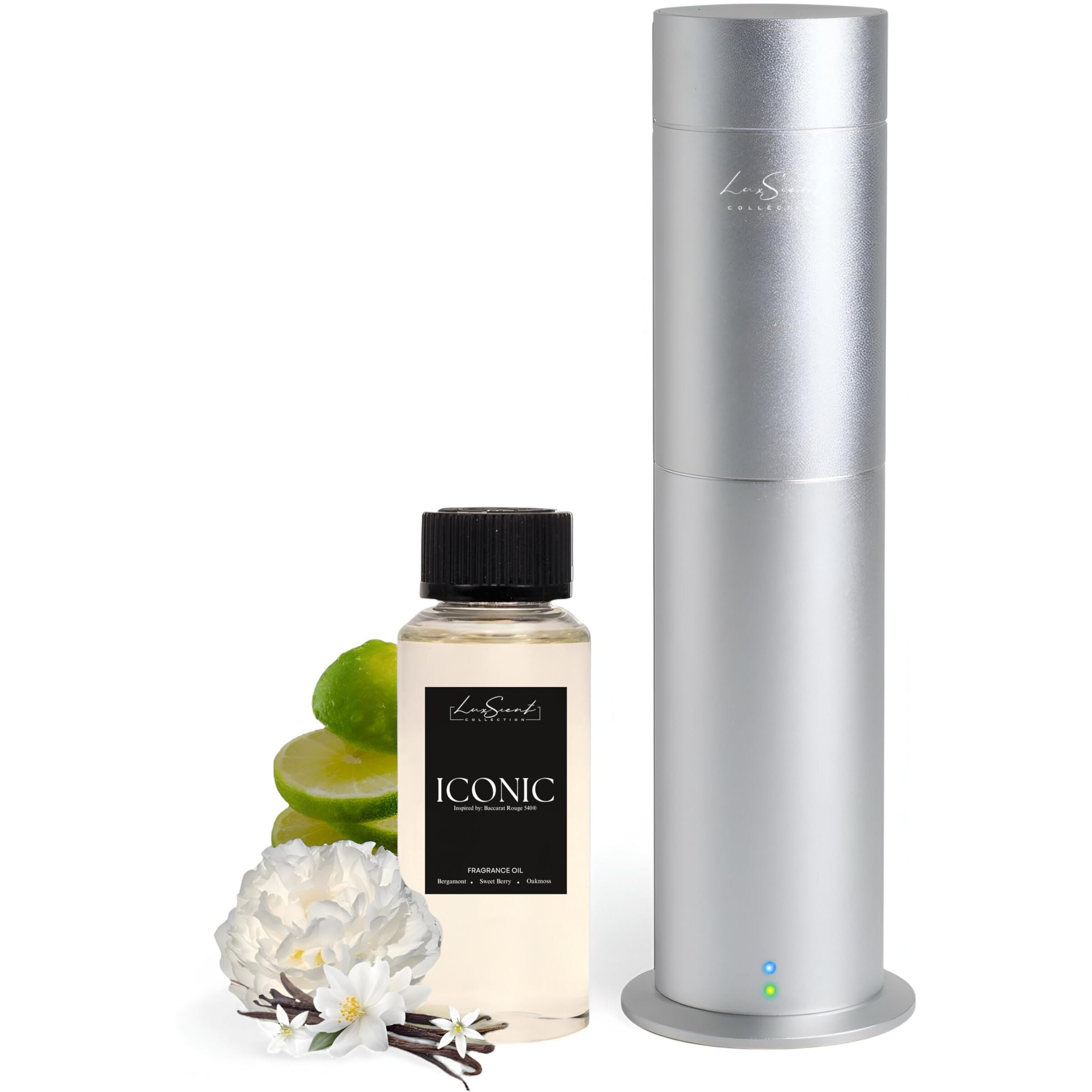 Aroma Scent Diffuser Starter Kit For Up To 1000Sq. Ft. Coverage - 120Ml Waterless Essential Oil Scent Included - Luxury Aroma Diffuser Ideal For Home, Office & Hotel (Silver, Iconic)
