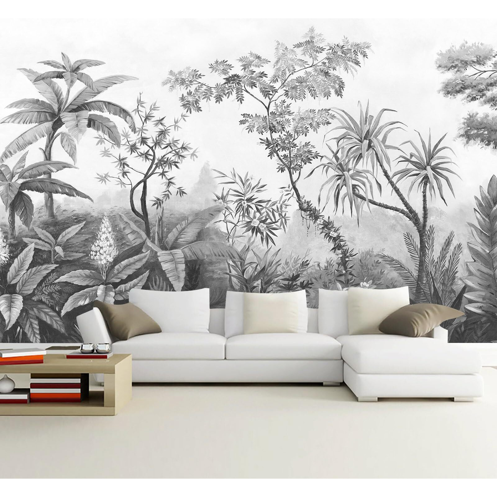 Wfbhua - Gray Tropical Rainforest Botanical Wallpaper Bedroom Hand-Painted Oil Painting Jungle Plant Wall Mural Living Room (Not Peel And Stick)
