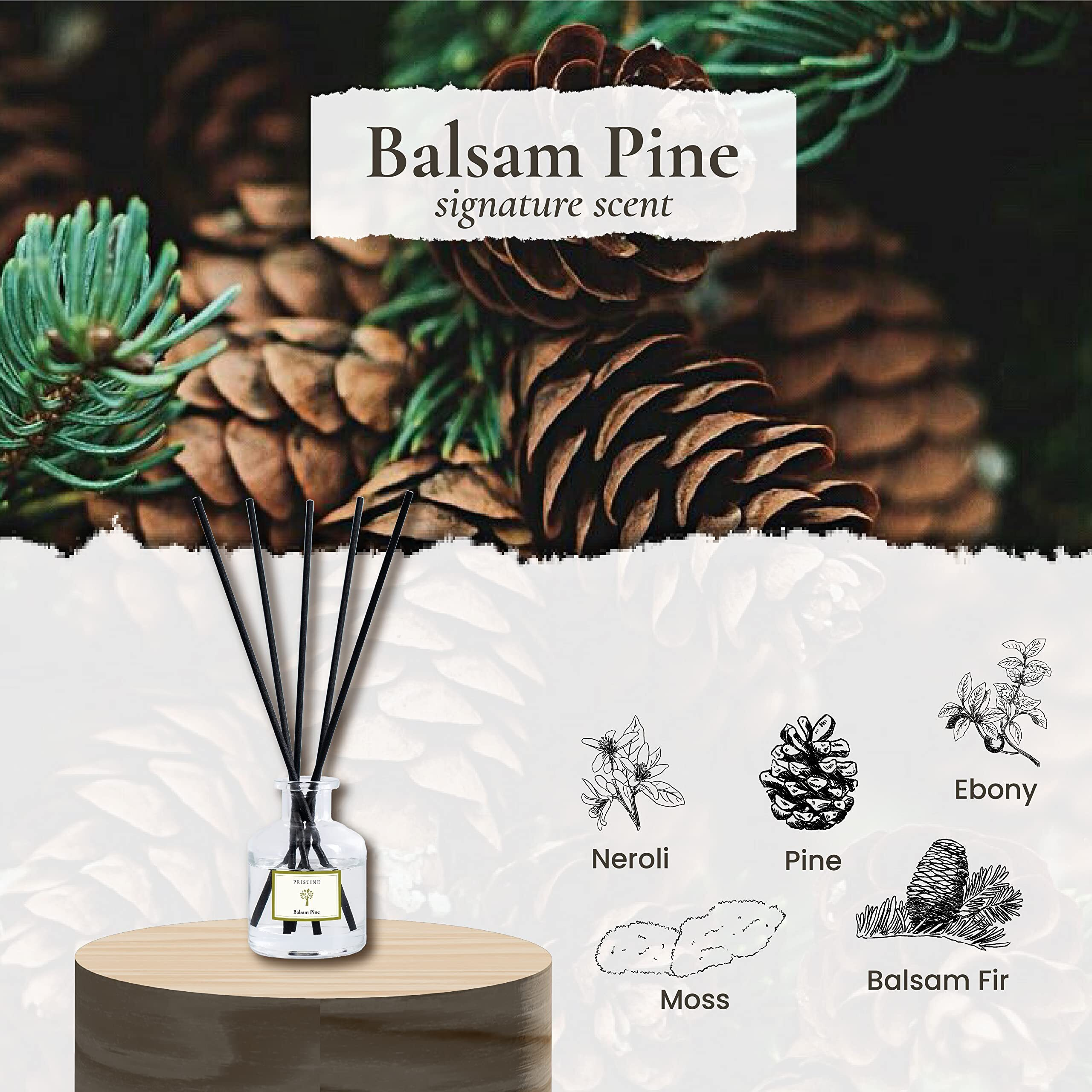 Pristine Balsam Pine & Fir Wood Fragrance Reed Diffuser, Oil & Room Diffusers With Reeds Stick Set | Refreshing Home Fragrance Scent Diffuser