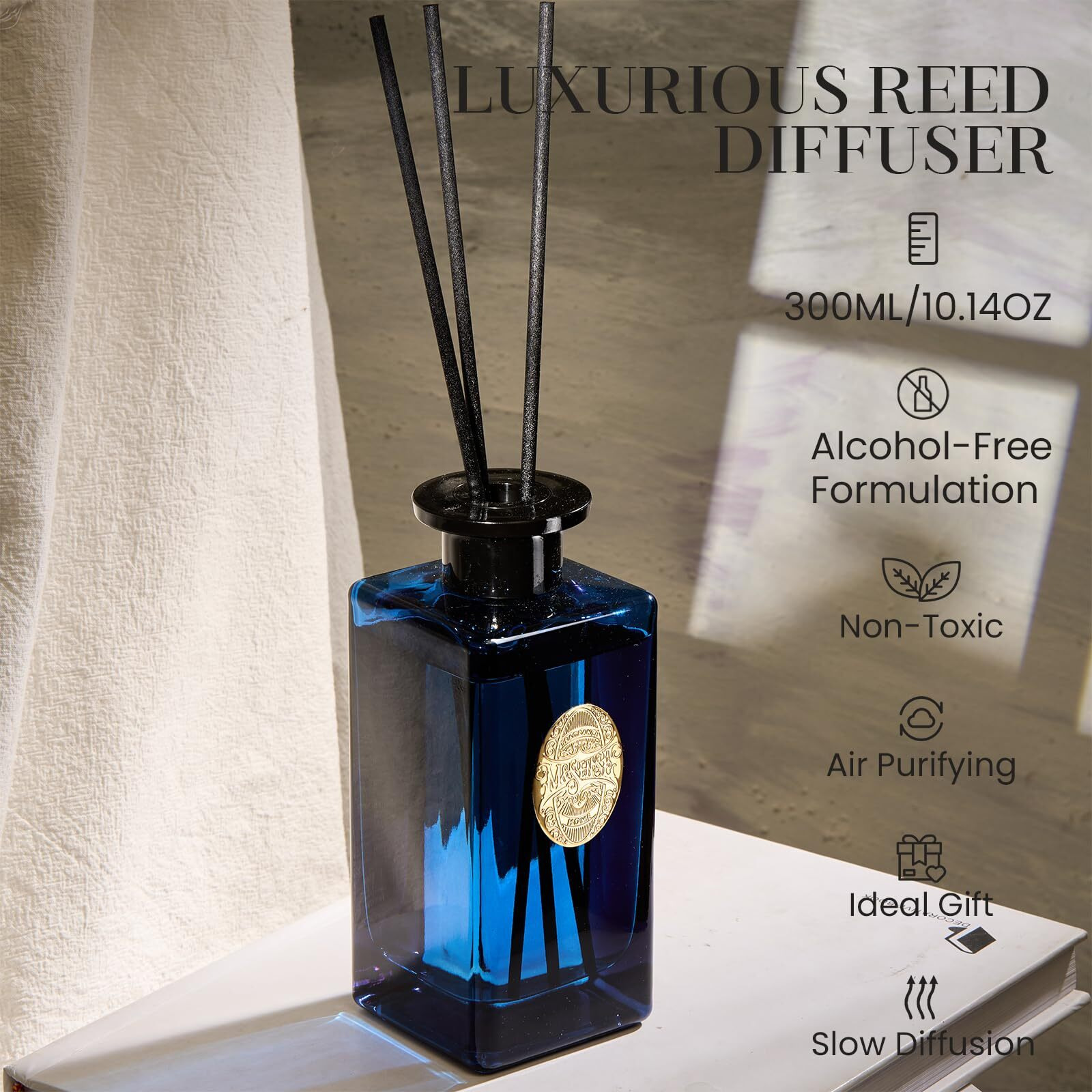 M&Sense 10.14 Oz Large Reed Diffuser Set | Ocean Escape Scent Oil Diffuser With Sticks | Hotel Collection Non-Toxic Essential Oil |For Bedroom Bathroom Living Room