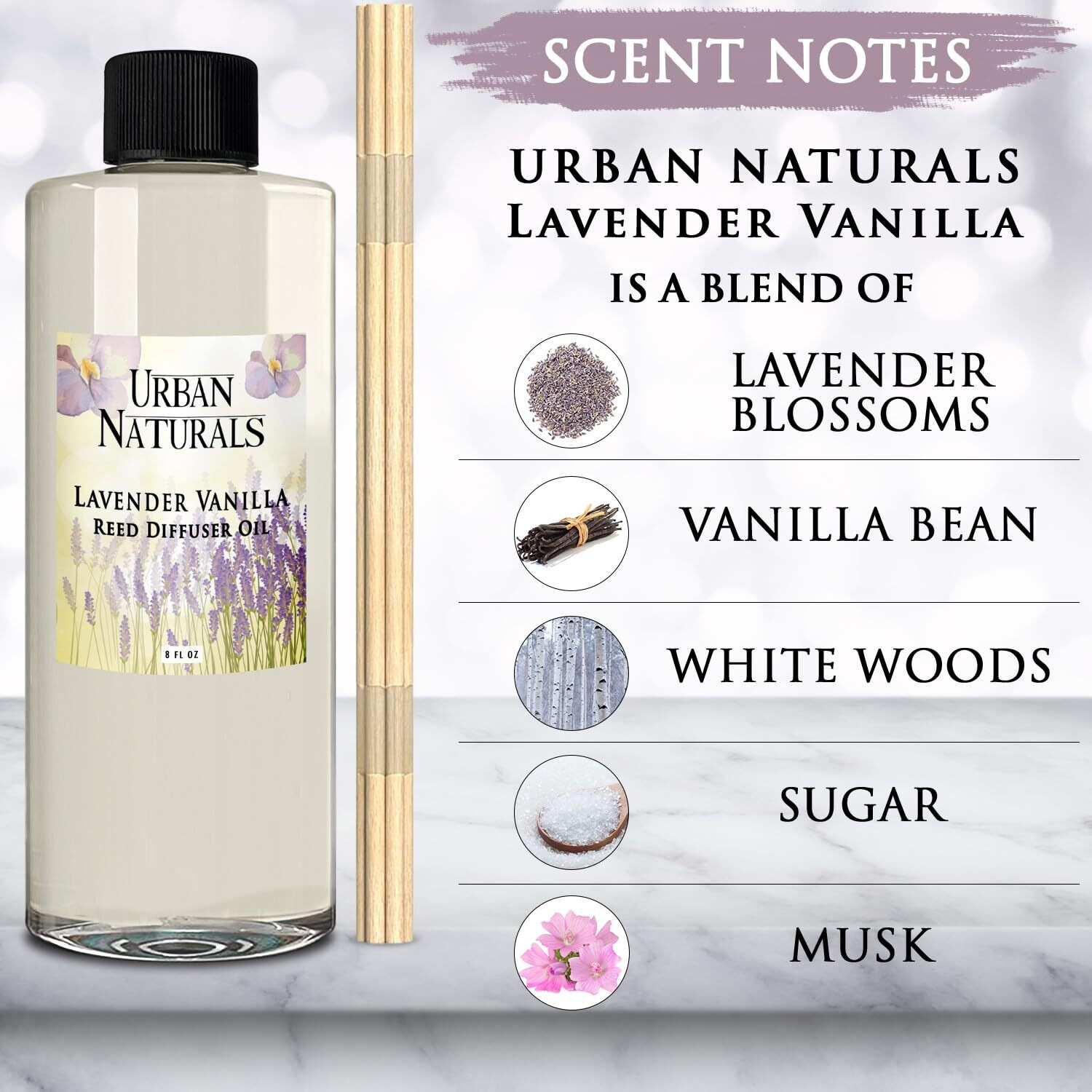 Urban Naturals Reed Diffuser Oil Refill Lavender Vanilla With Creamy Vanilla, White Woods 8 Oz + Free Reed Sticks, Made In The Usa