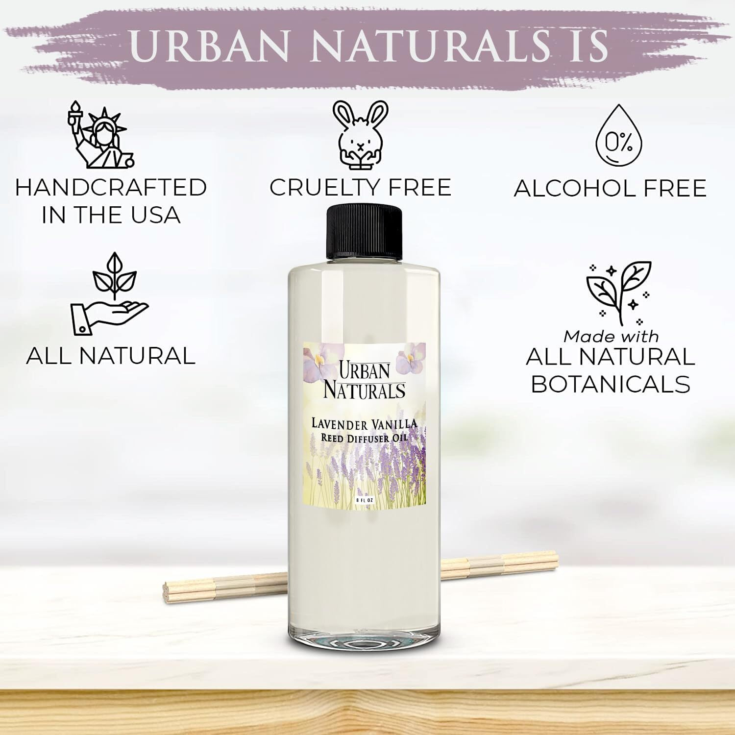 Urban Naturals Reed Diffuser Oil Refill Lavender Vanilla With Creamy Vanilla, White Woods 8 Oz + Free Reed Sticks, Made In The Usa