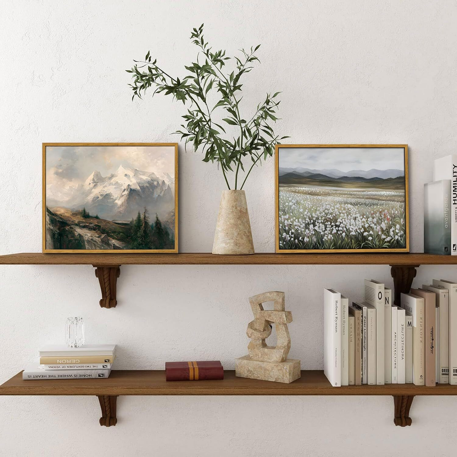 Oiqartoiq Framed Vintage Landscape Wall Art Mountains Natural Scenery Oil Painting Canvas Prints Country Farmhouse Aesthetic Decor Pictures For Kitchen Bedroom Living Room Bathroom