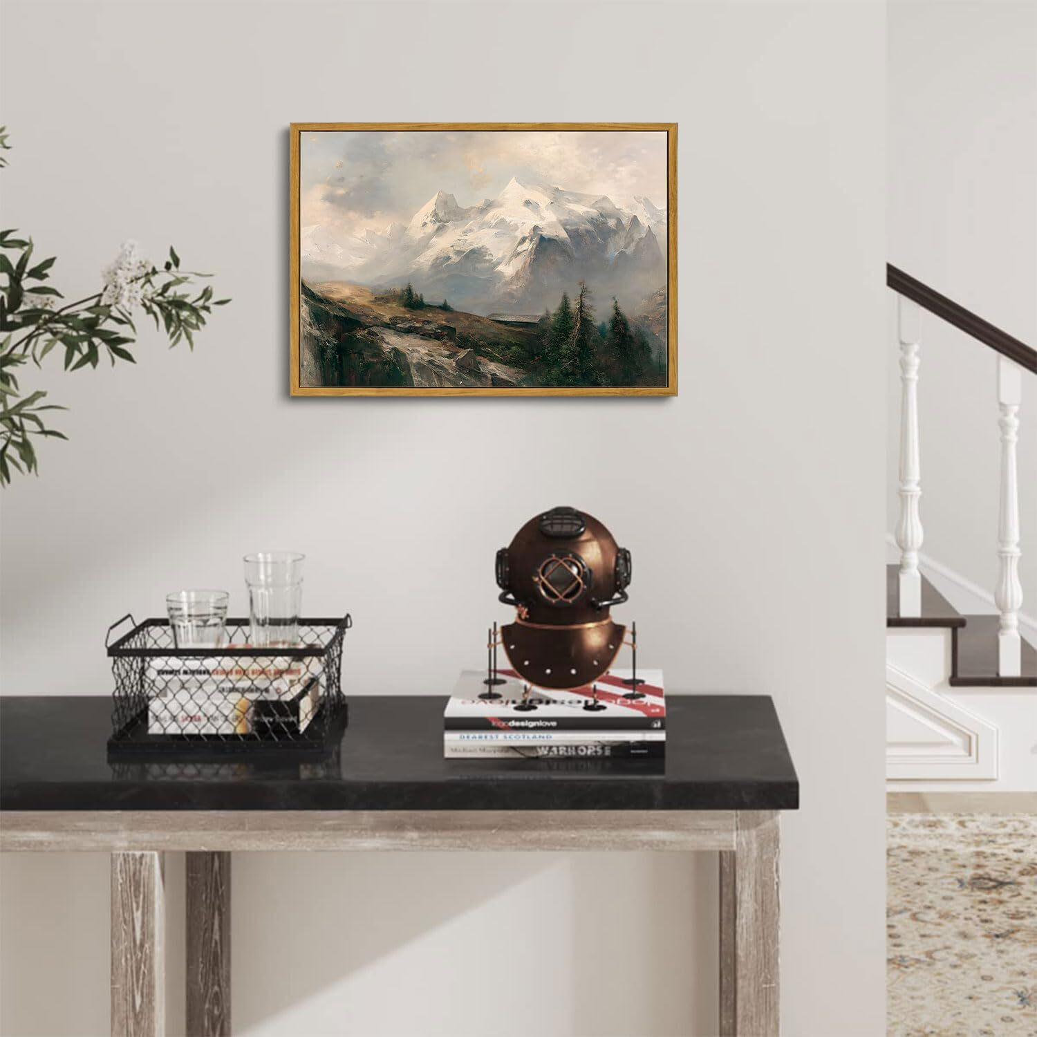 Oiqartoiq Framed Vintage Landscape Wall Art Mountains Natural Scenery Oil Painting Canvas Prints Country Farmhouse Aesthetic Decor Pictures For Kitchen Bedroom Living Room Bathroom