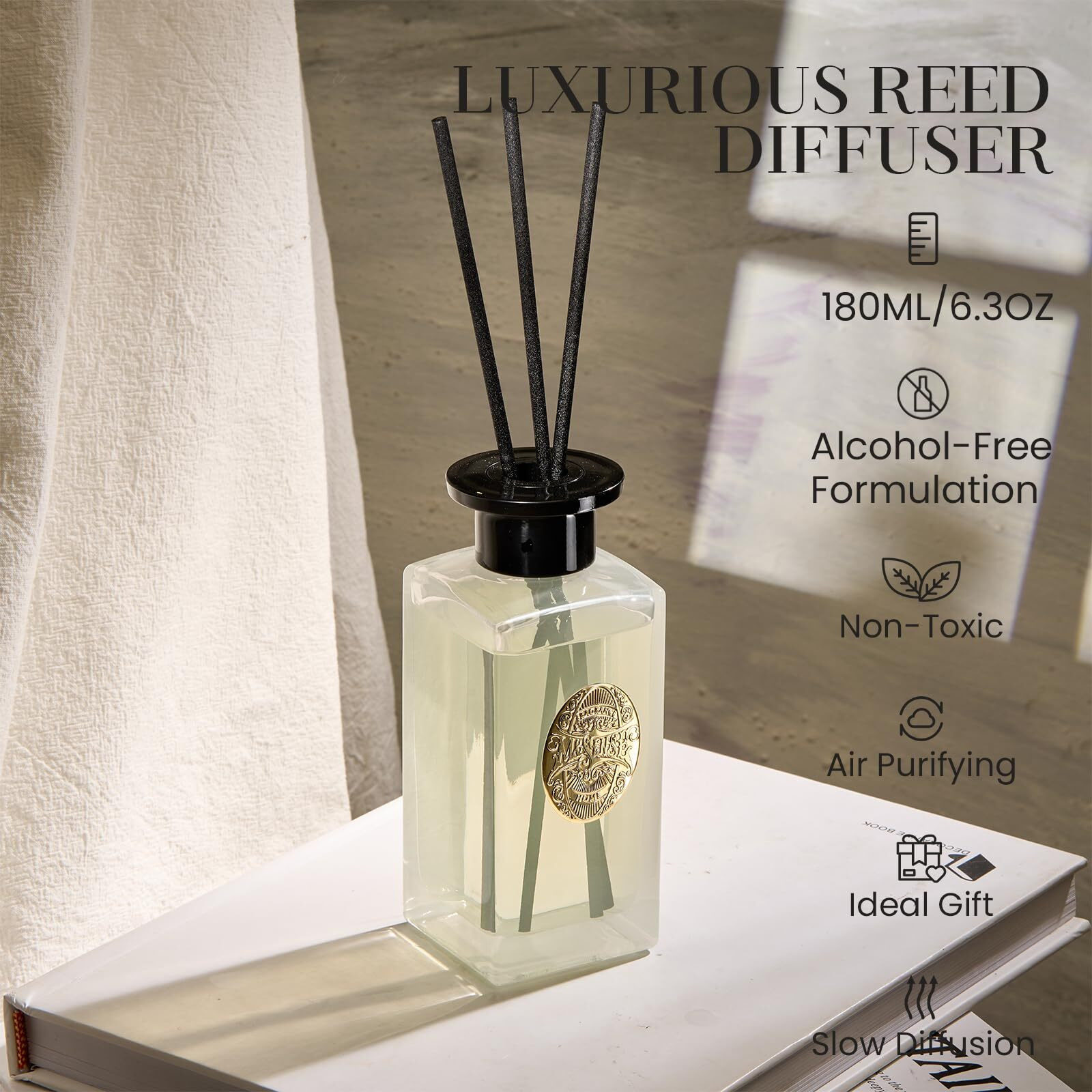 M&Sense 6.5 Oz Large Reed Diffuser Set | Jasmine Garland Scent Oil Diffuser With Sticks | Hotel Collection Non-Toxic Essential Oil |For Bedroom Bathroom Living Room