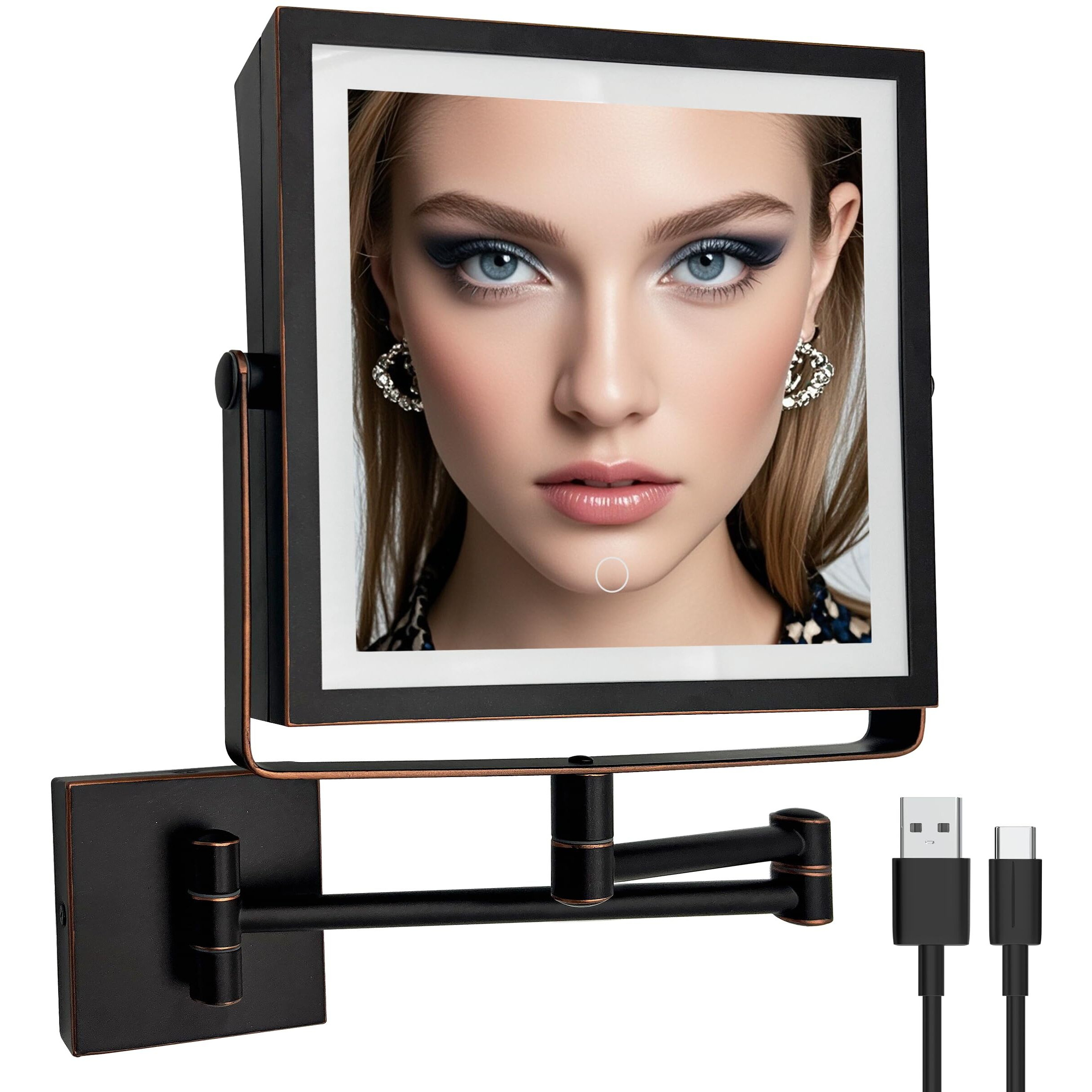 Ruacq Rechargeable Wall Mounted Makeup Mirror With Lights, Double Sided 1X/10X Magnifying Vanity Mirror With 3 Color Lights, Touch Screen Dimmable, 360 Rotation Foldable Arm (Oil Rubbed Bronze)