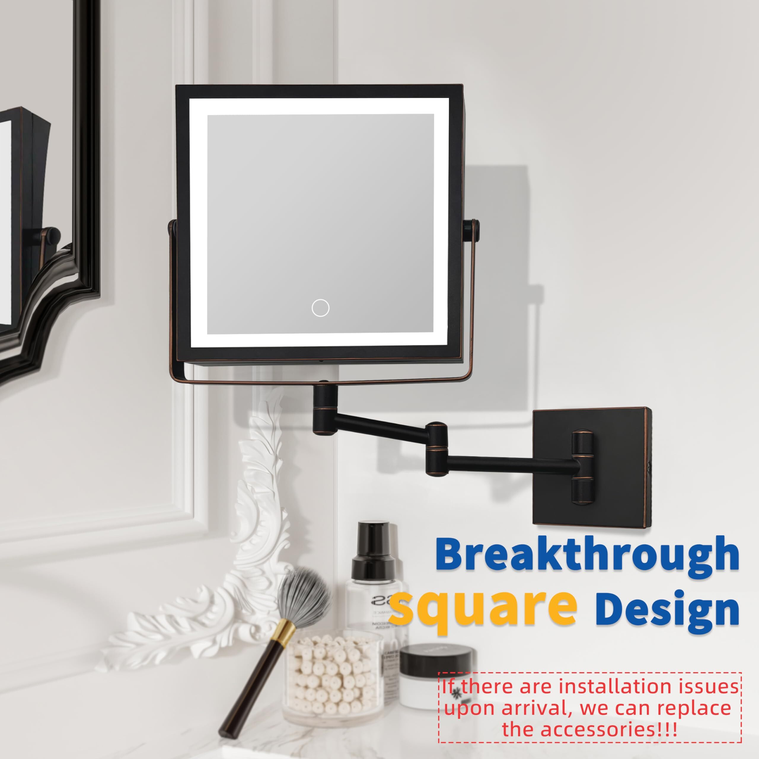 Ruacq Rechargeable Wall Mounted Makeup Mirror With Lights, Double Sided 1X/10X Magnifying Vanity Mirror With 3 Color Lights, Touch Screen Dimmable, 360 Rotation Foldable Arm (Oil Rubbed Bronze)