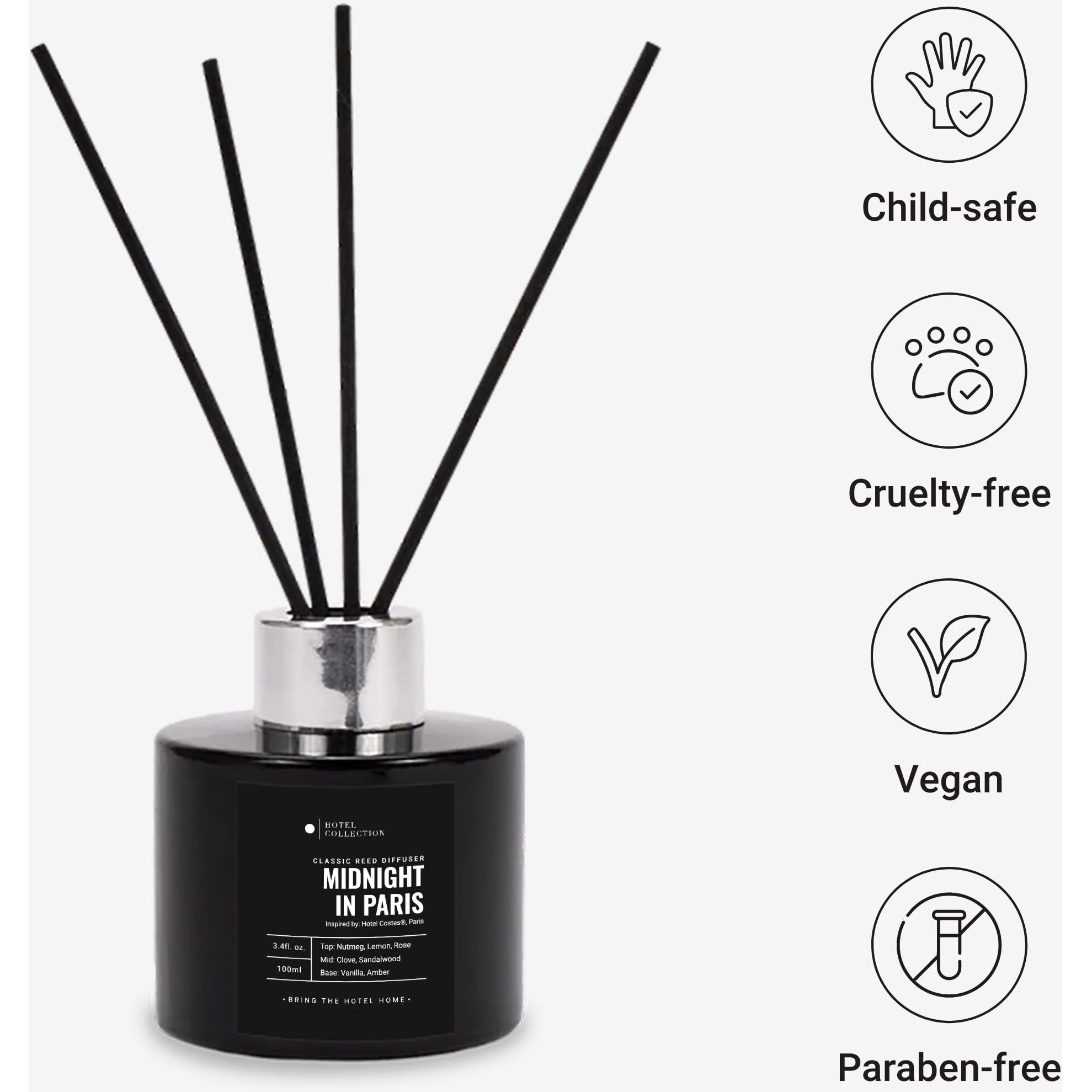 Hotel Collection | Midnight In Paris Reed Diffuser Oil Blend | Luxury Essential Aromatherapy Reed Diffuser | 4 Months Longevity | Sandalwood, Vanilla And Amber | 100Ml