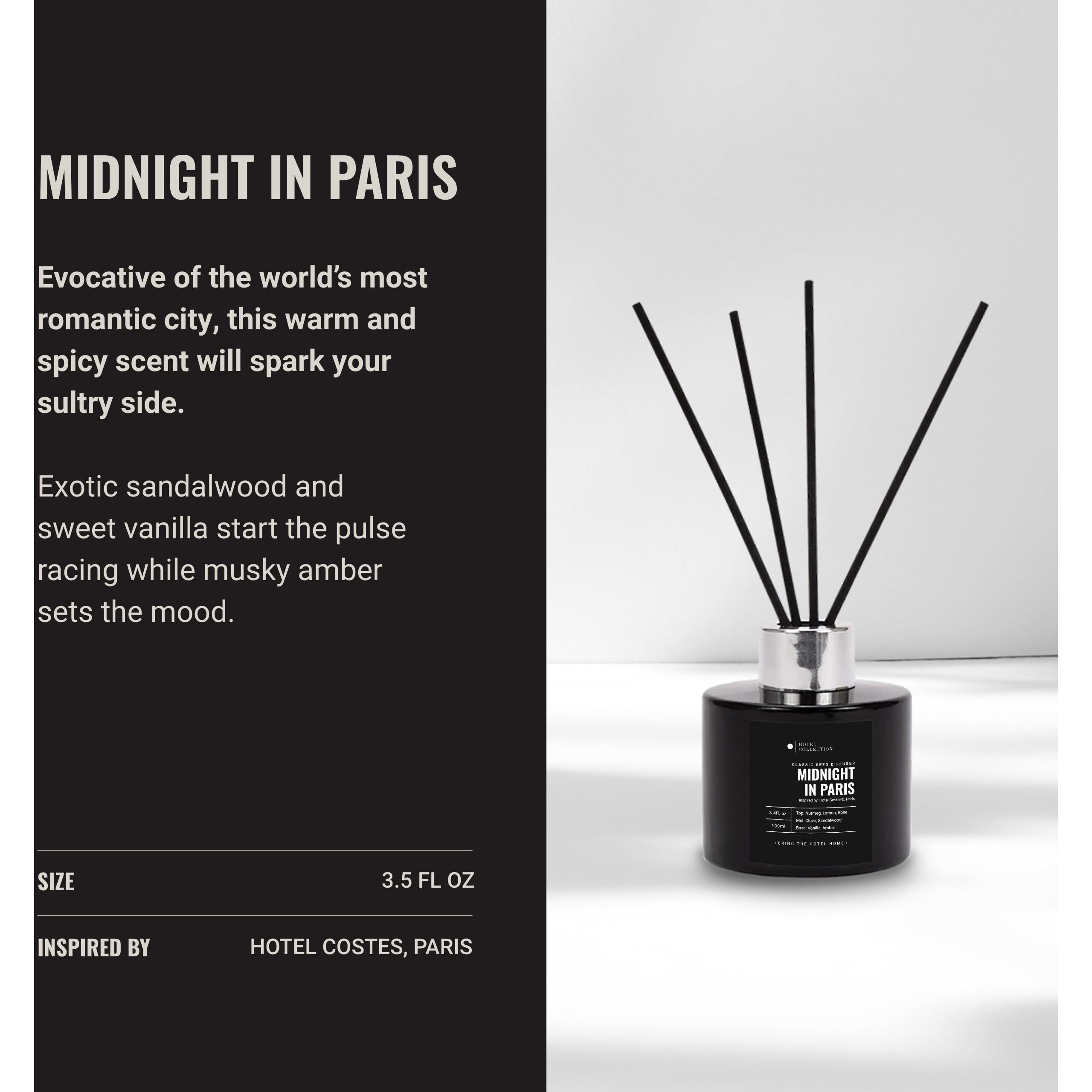 Hotel Collection | Midnight In Paris Reed Diffuser Oil Blend | Luxury Essential Aromatherapy Reed Diffuser | 4 Months Longevity | Sandalwood, Vanilla And Amber | 100Ml