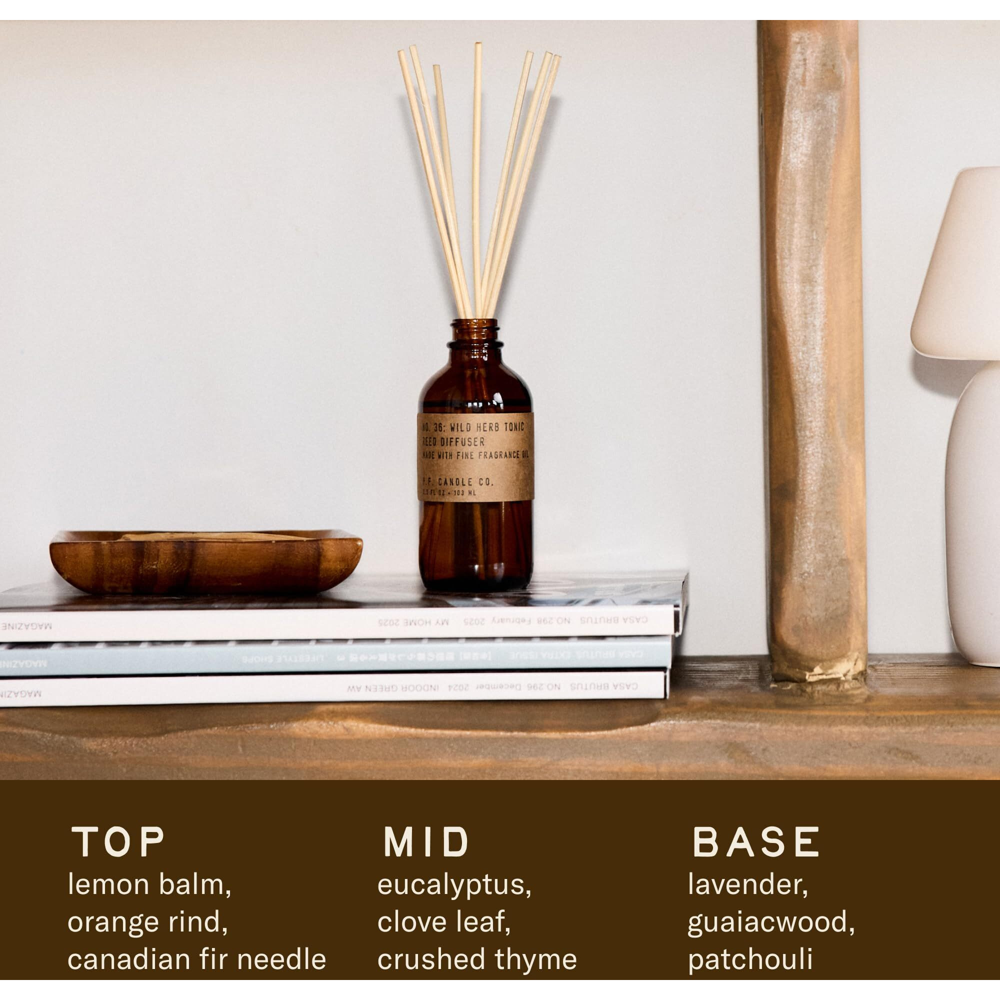P.F. Candle Co. Wild Herb Tonic Classic Scented Rattan Reed Diffuser (3.5 Fl Oz) Amber Glass Jar, Fine Fragrance Oil, Flame-Free Fragrance, Made In The U.S.A.